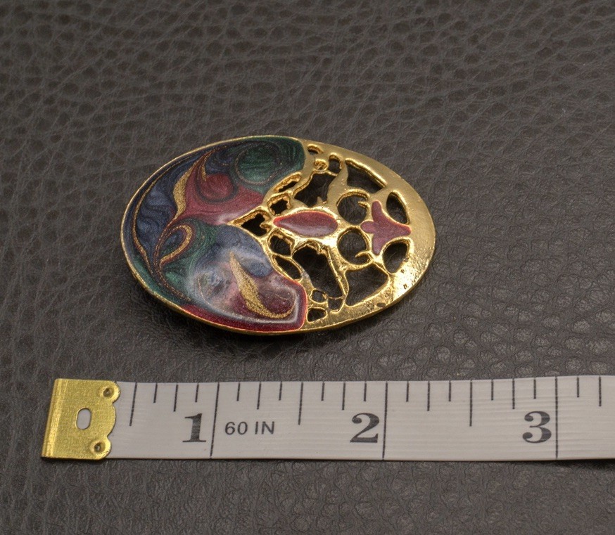 Vintage Enamel Brooch Green Blue Red 80’s 90’s Iridescent Swirl Gold Tone Glam