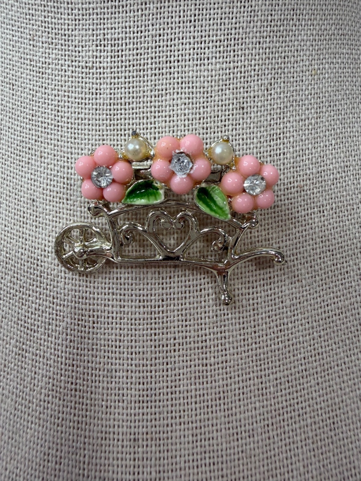 Vintage Gold Tone Pink Flowers with Whimsical Garden Wheelbarrow Brooch