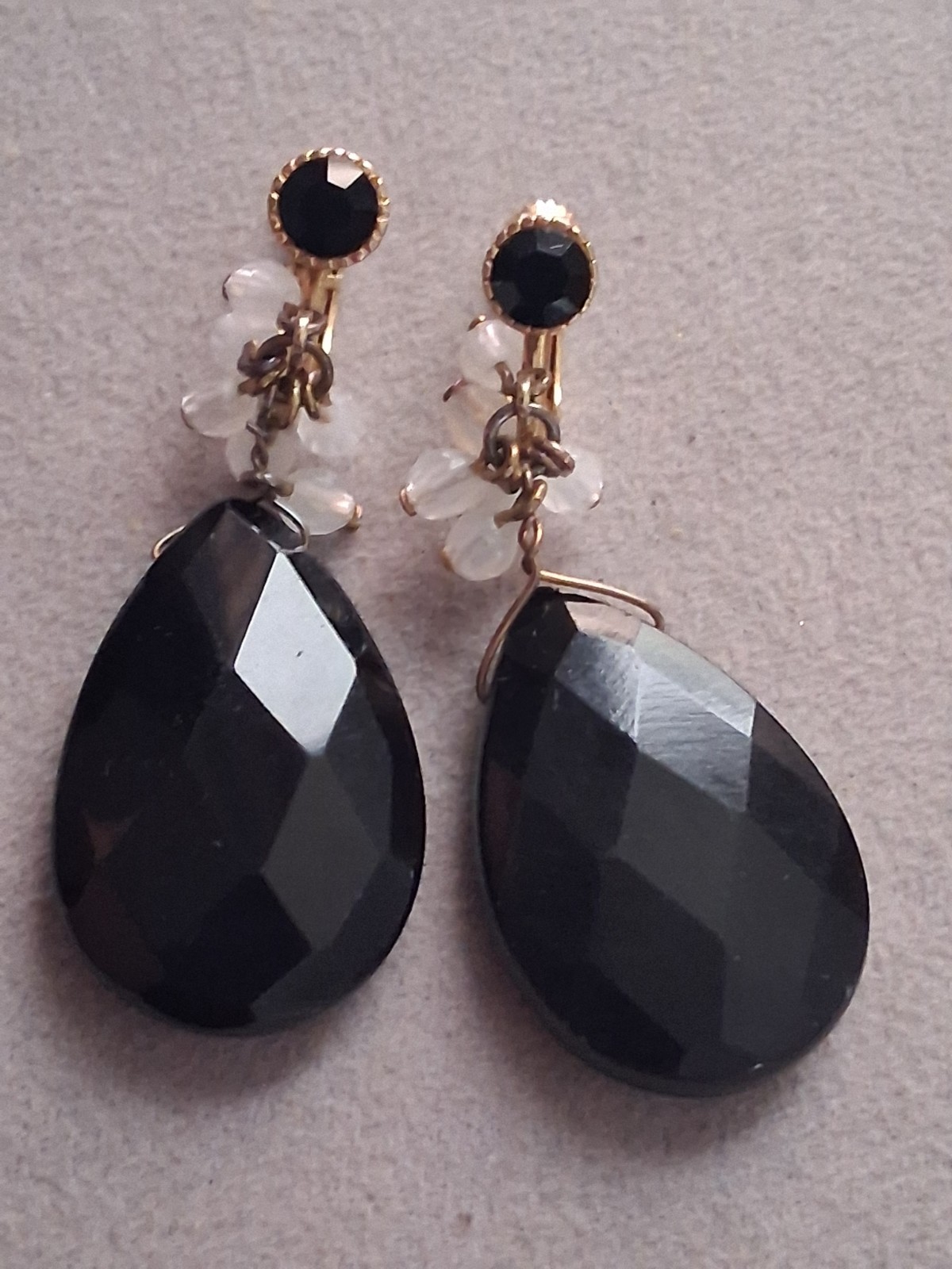 Faceted black glass teardrop stone adjustable clip on earrings w/dangle accents