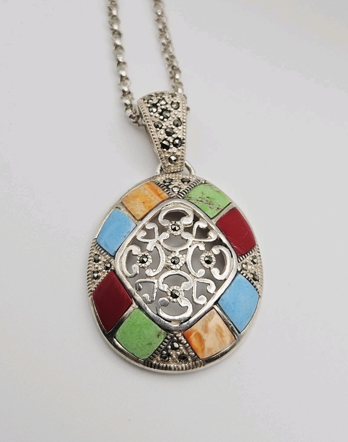 Sterling Silver Turquoise, Red Coral, Jasper & Marcasite Pendant Necklace 24″