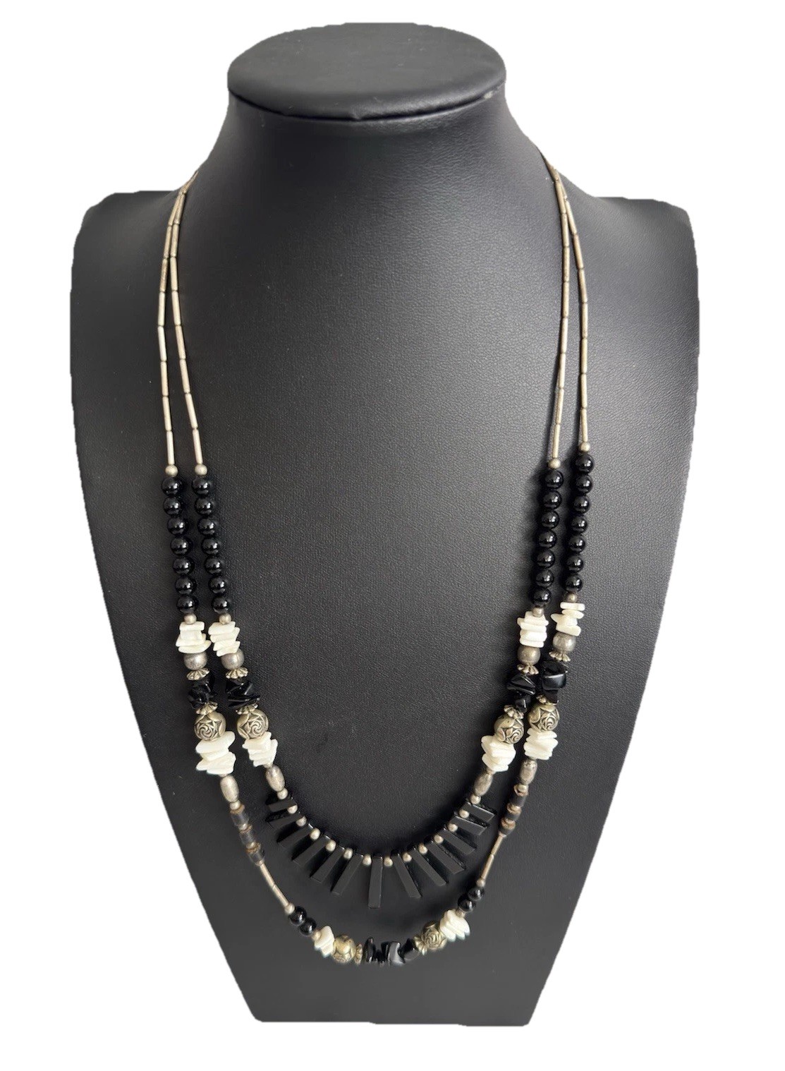 Vtg Silver Tone Liquid Silver Black Onyx Bead & Fringe 2-Strand Layered Necklace