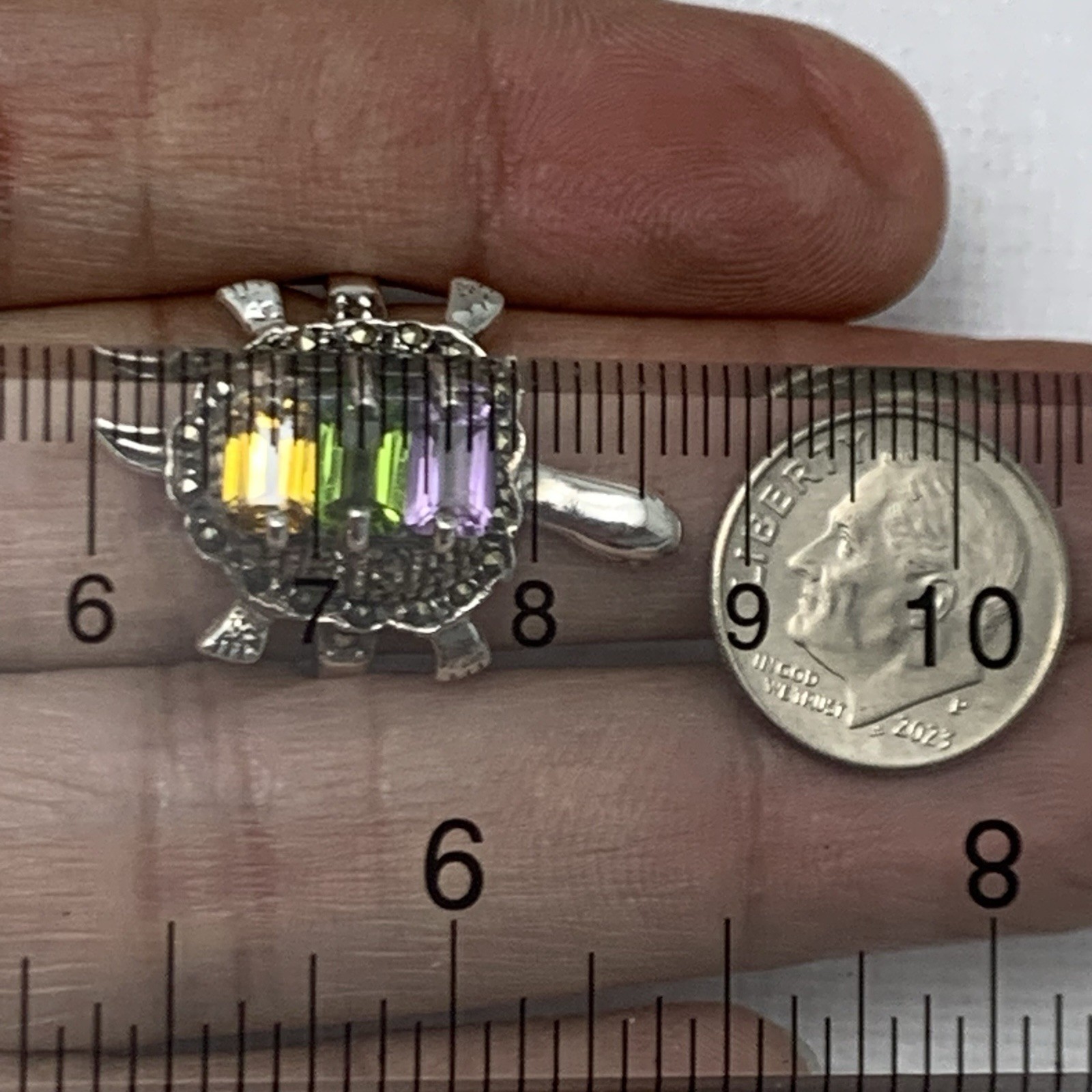 Vtg Turtle Ring w Moving Head 925 Sterling Silver Multi Colored Gem / Marcasite