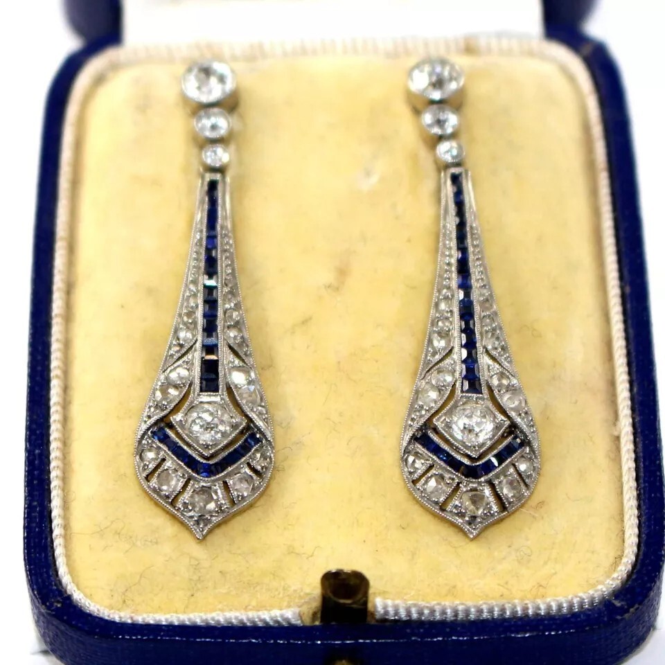 Art Deco Lab Created Sapphire Diamond Woman Wedding Antique Earring 925 Silver