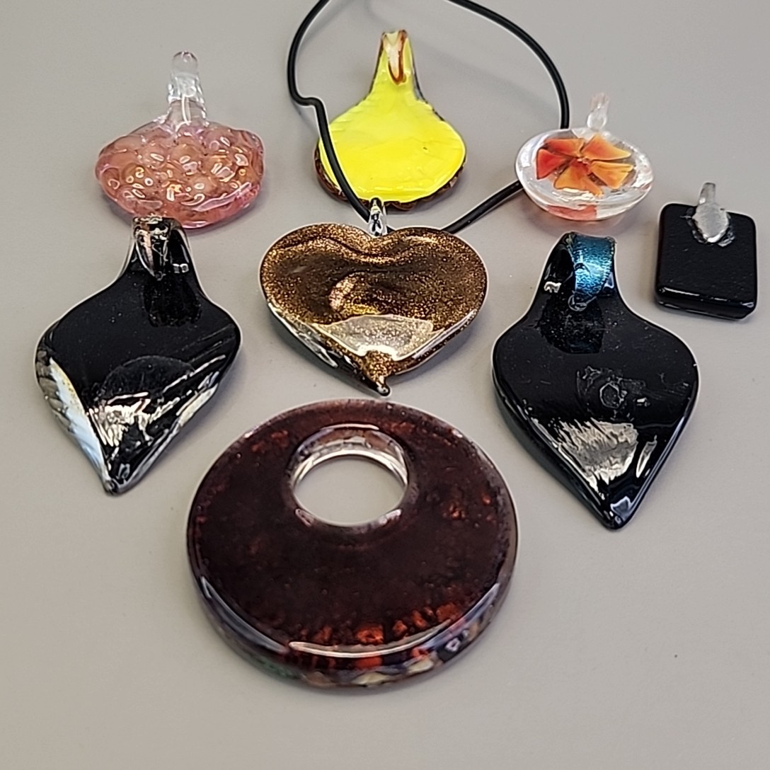 Vintage Glass Pendant Lot of 8 Red Artisan Foiled Fused One Cord