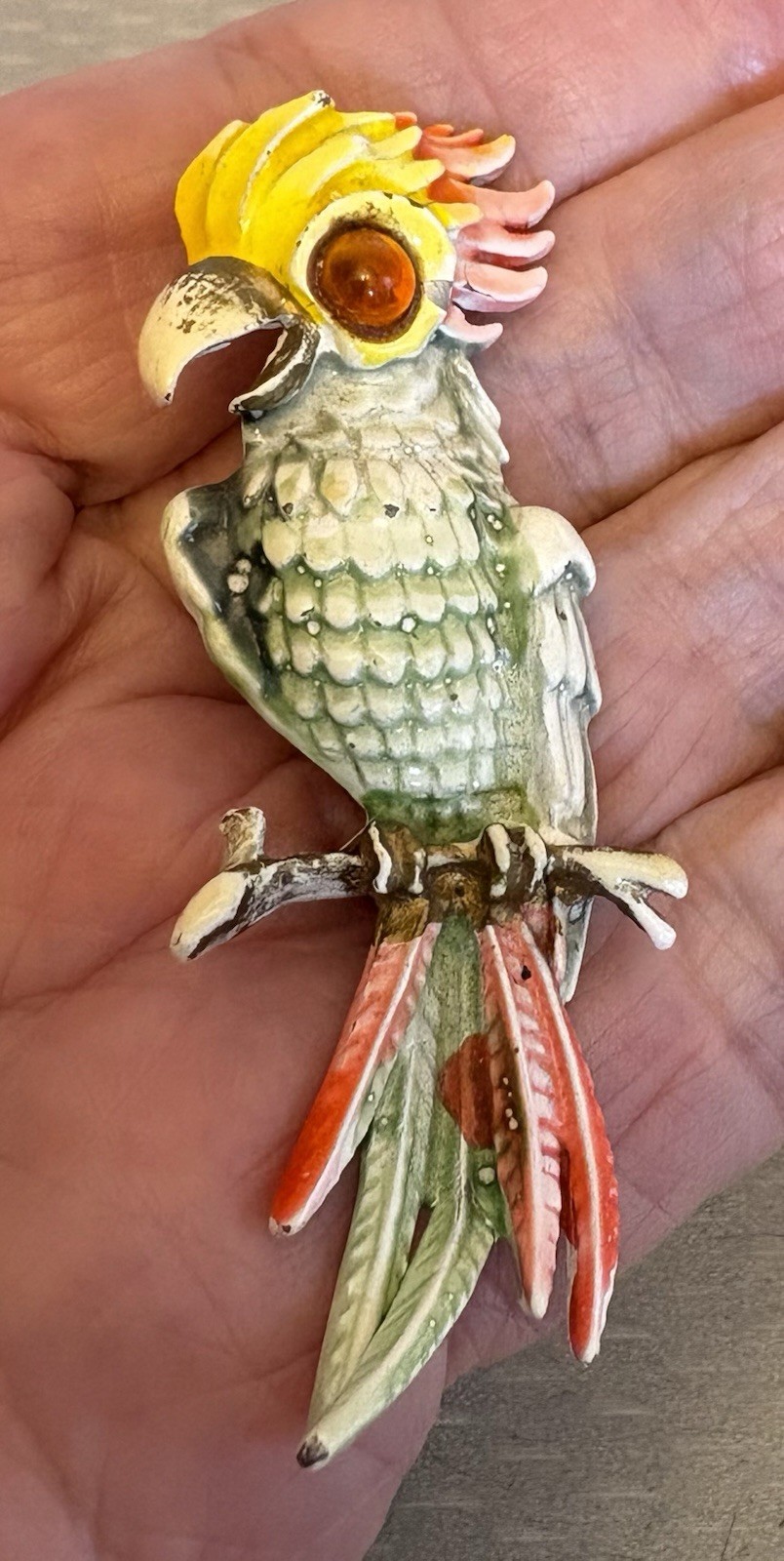 Vintage Enamel Cockatoo Parrot Bird Brooch Colorful Amber Glass Cabochon Eye