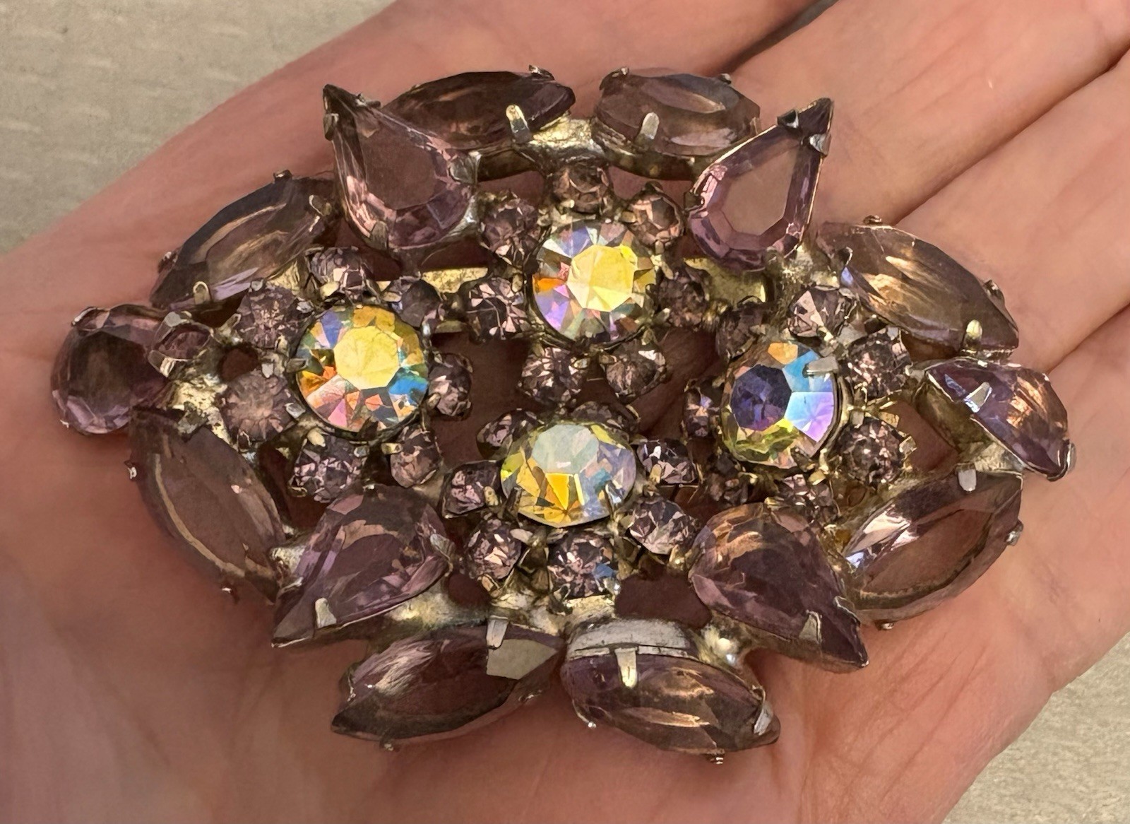 Vintage Smoky Lavendar AB Rhinestone Brooch Open Back Prong Set Cluster unsigned