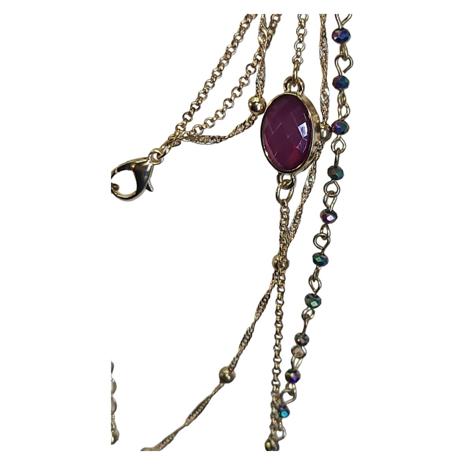 Gold Tone 3 Strand Aurora Borealis Crystal & Pink Acrylic Station Necklace 32″