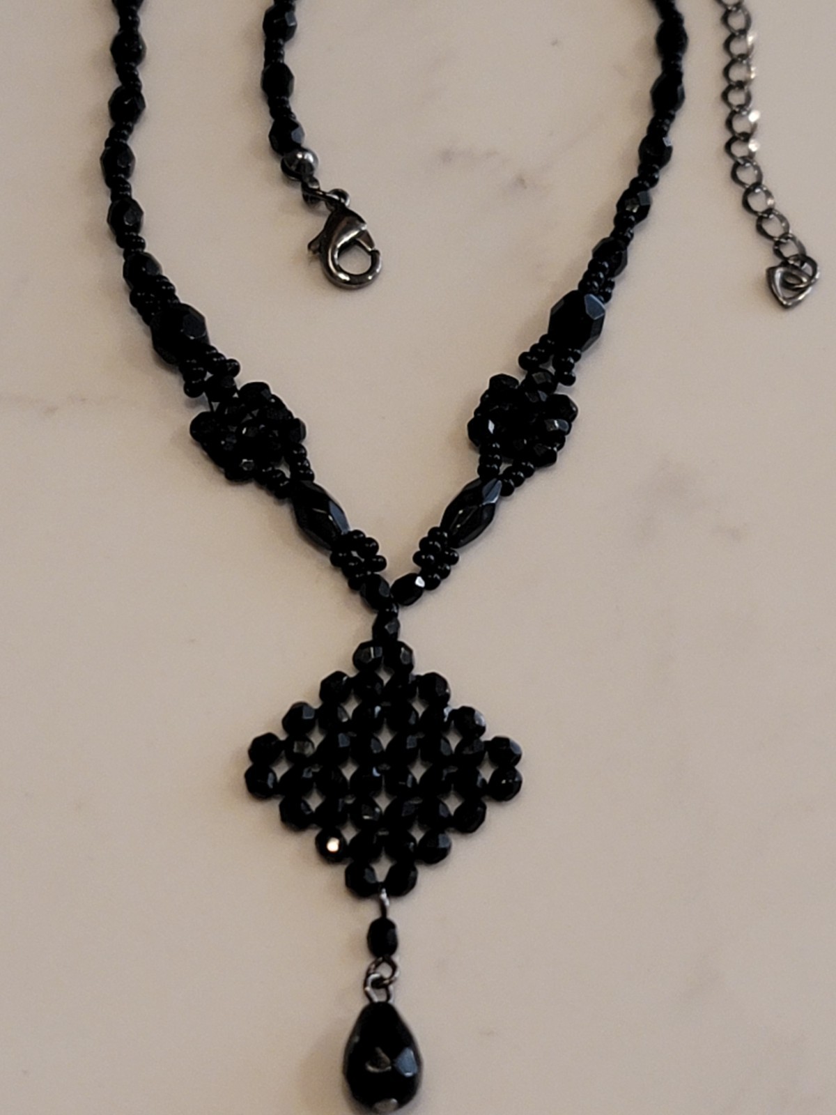 Vintage Black Faceted Bead Necklace Teardrop Pendant Gothic Formal 18″