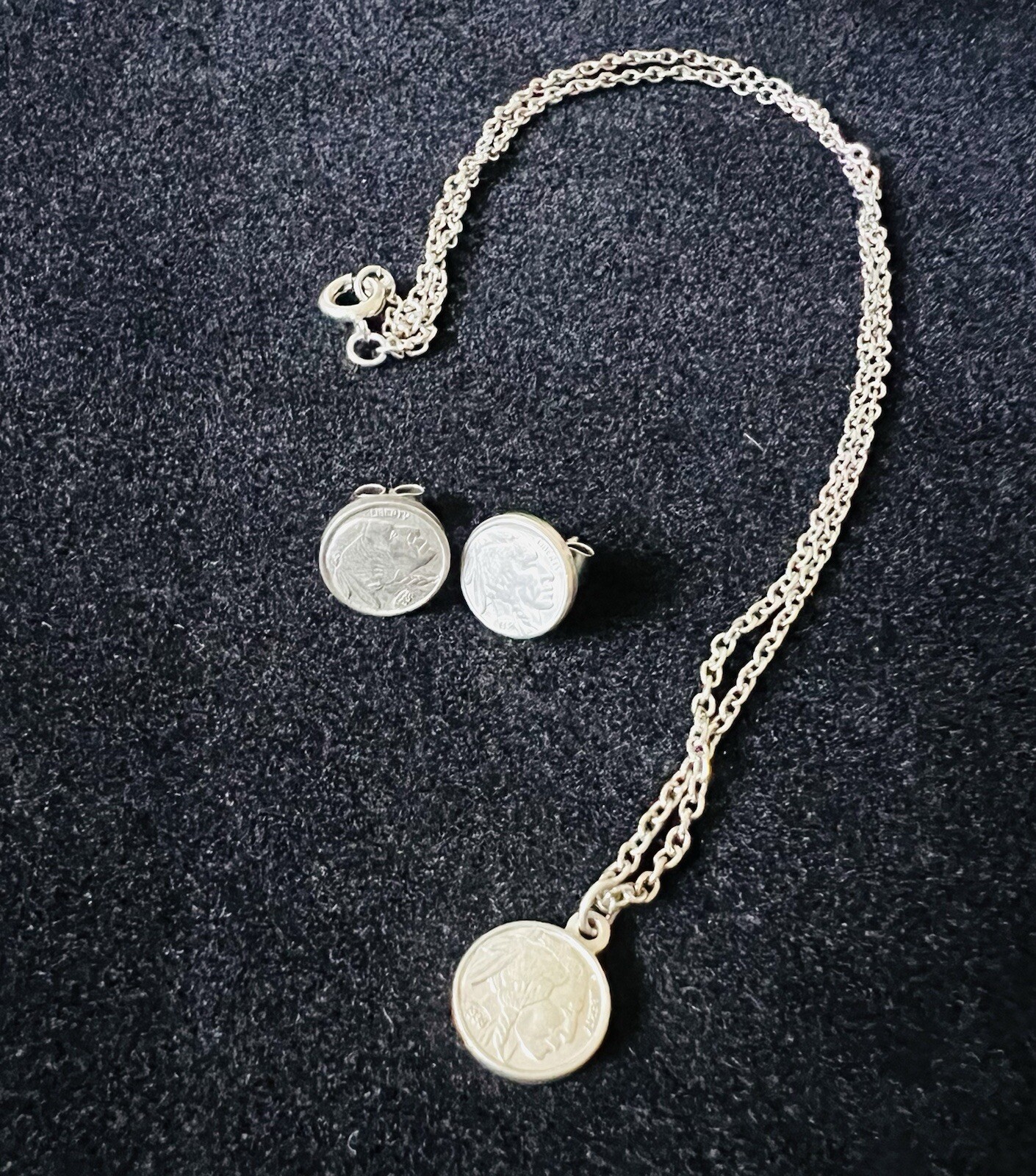 Vintage Silver Tone Buffalo Nickel Coin Necklace and Earring Set