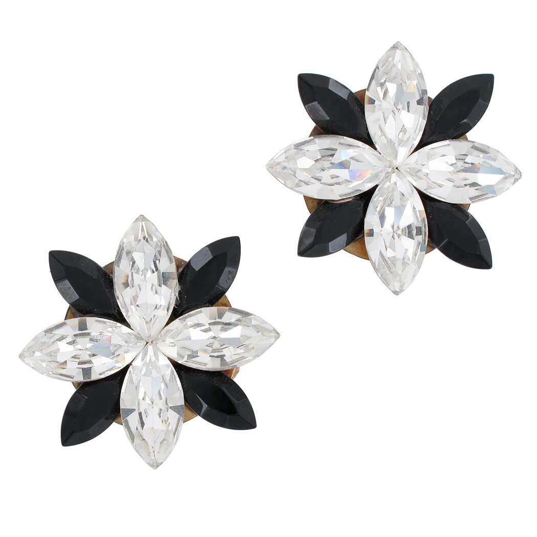 Meyers Black Clear Glass Rhinestone Starburst Flower Clip On Earrings 1980s 1.5″