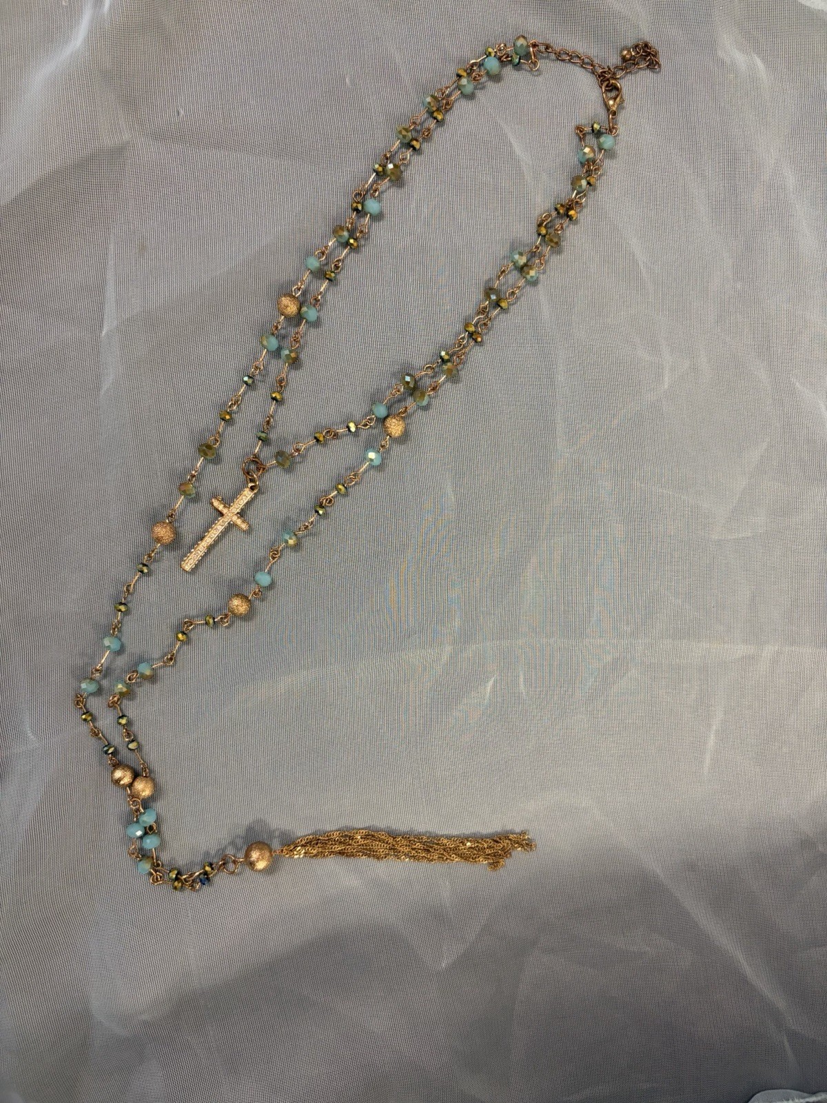 Vintage Rosary Style Choker Necklace 20” Blue Crystal + Gold Stardust Earrings