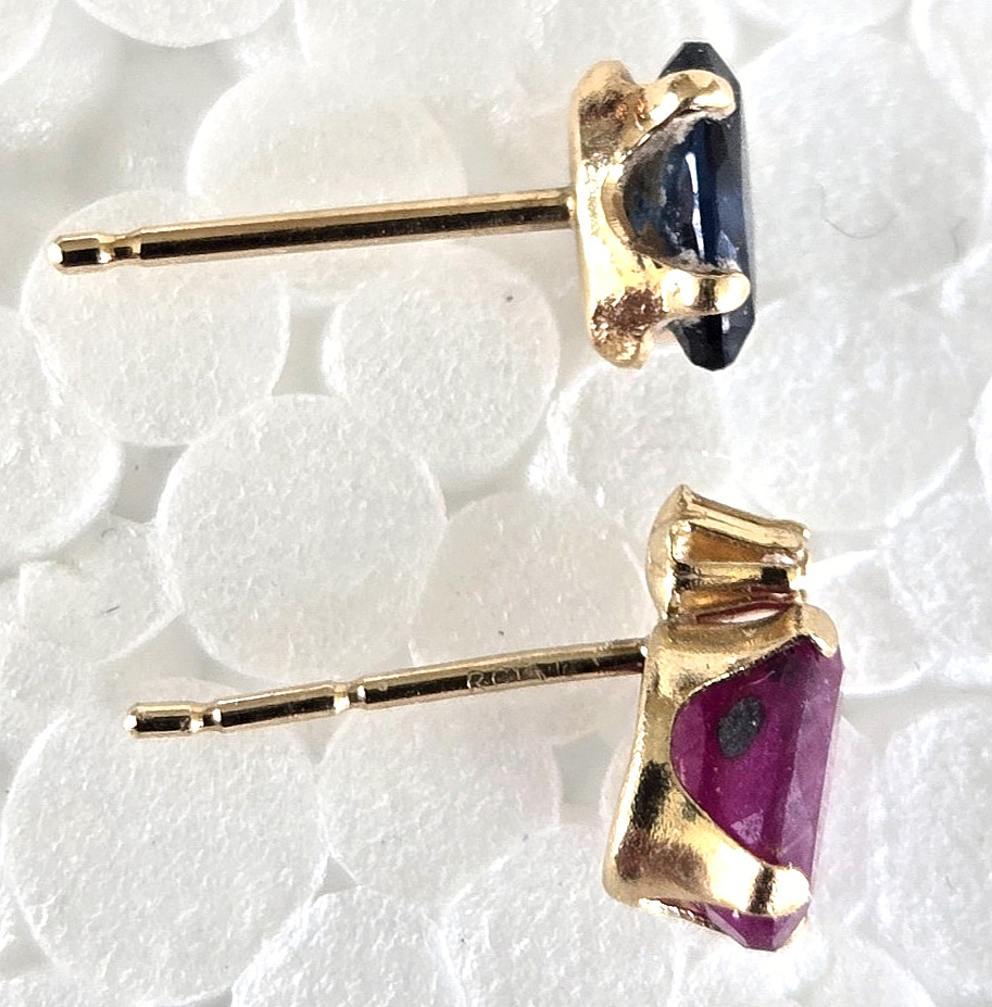 2 Vintage 14K Ruby/Spinel & Sapphire Pierced Single Stud Earrings .55 grams