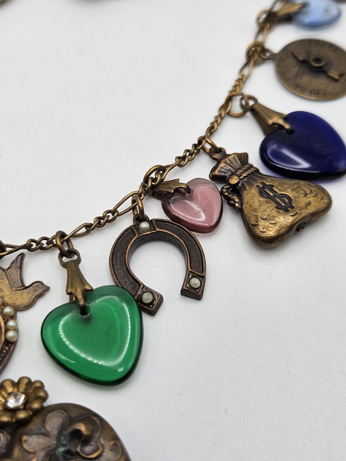 Glass Works Studio Brass Tone Multicolor Glass Dangle Hearts Charm Necklace