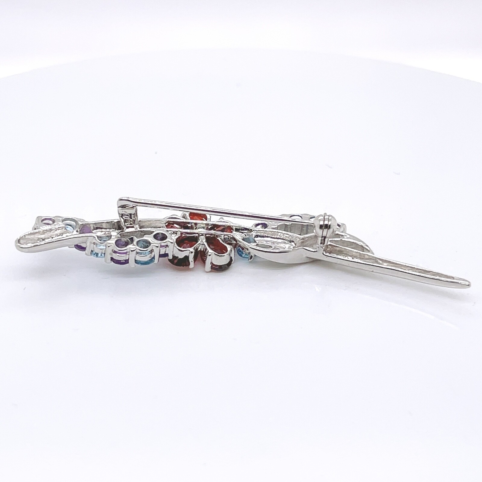 14 Karat White Gold, Diamond, Spinel, Amethyst, & Garnet Flower Brooch – 14k VR