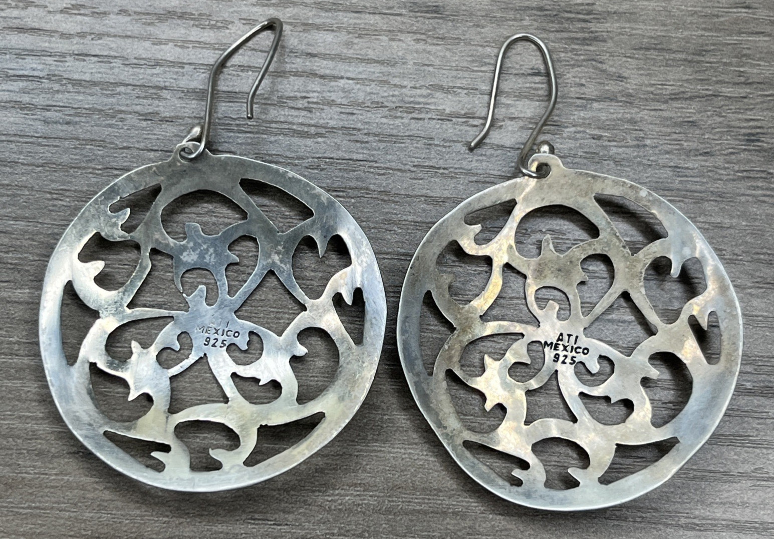 Signed ATI Mexico Sterling 925 Openwork Round Dangle Hook Statement Earrings VTG