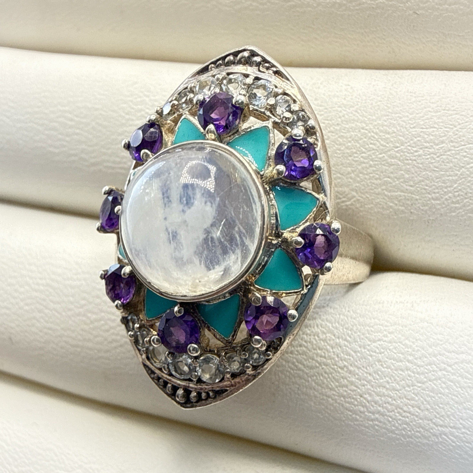 Nicky Butler Ring Amethyst Moonstone Enamel Sterling Silver sz 9 Blue Purple 925