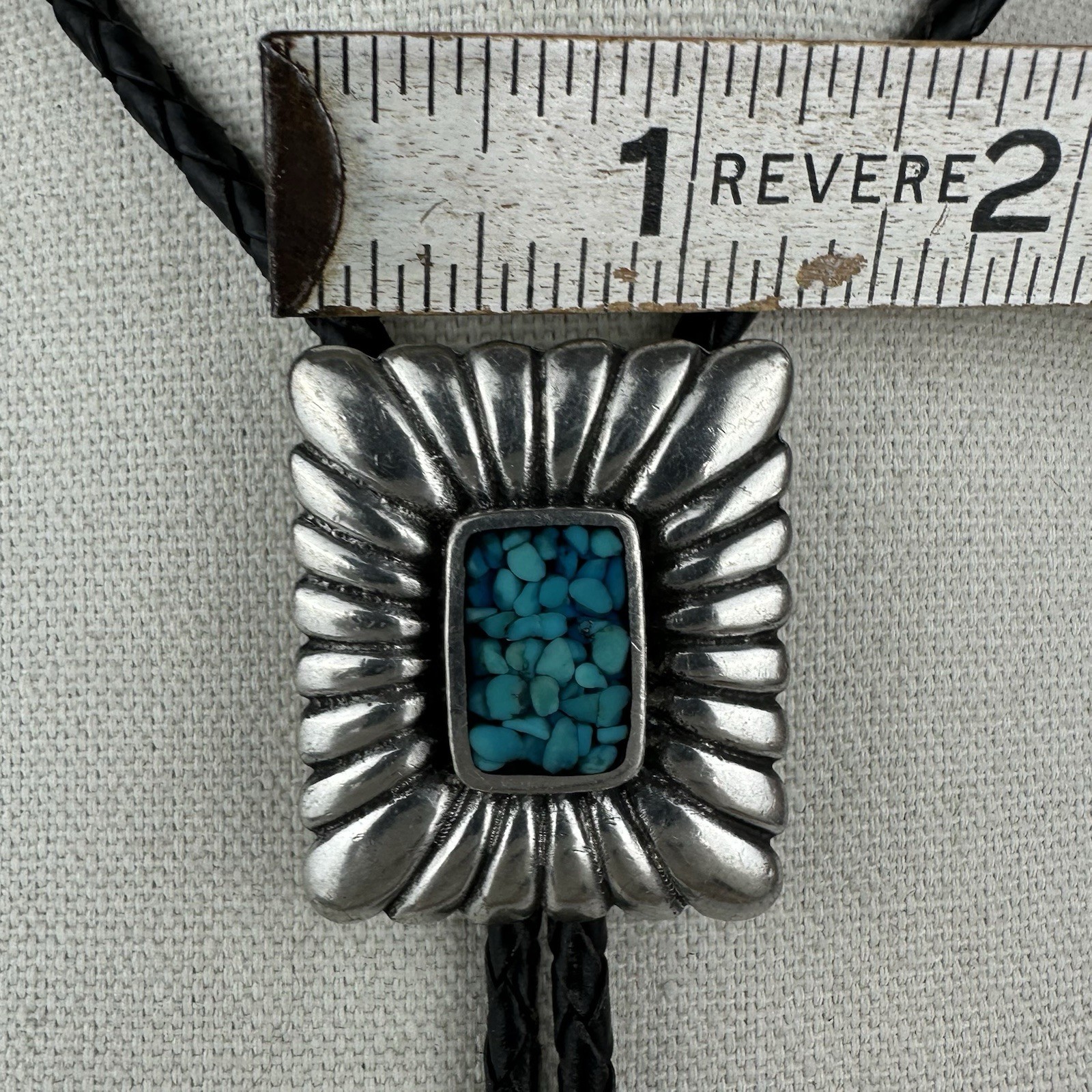 Vintage Silver Pewter Turquoise Chip Inlay Western Bolo Tie Nickel Silver Tips