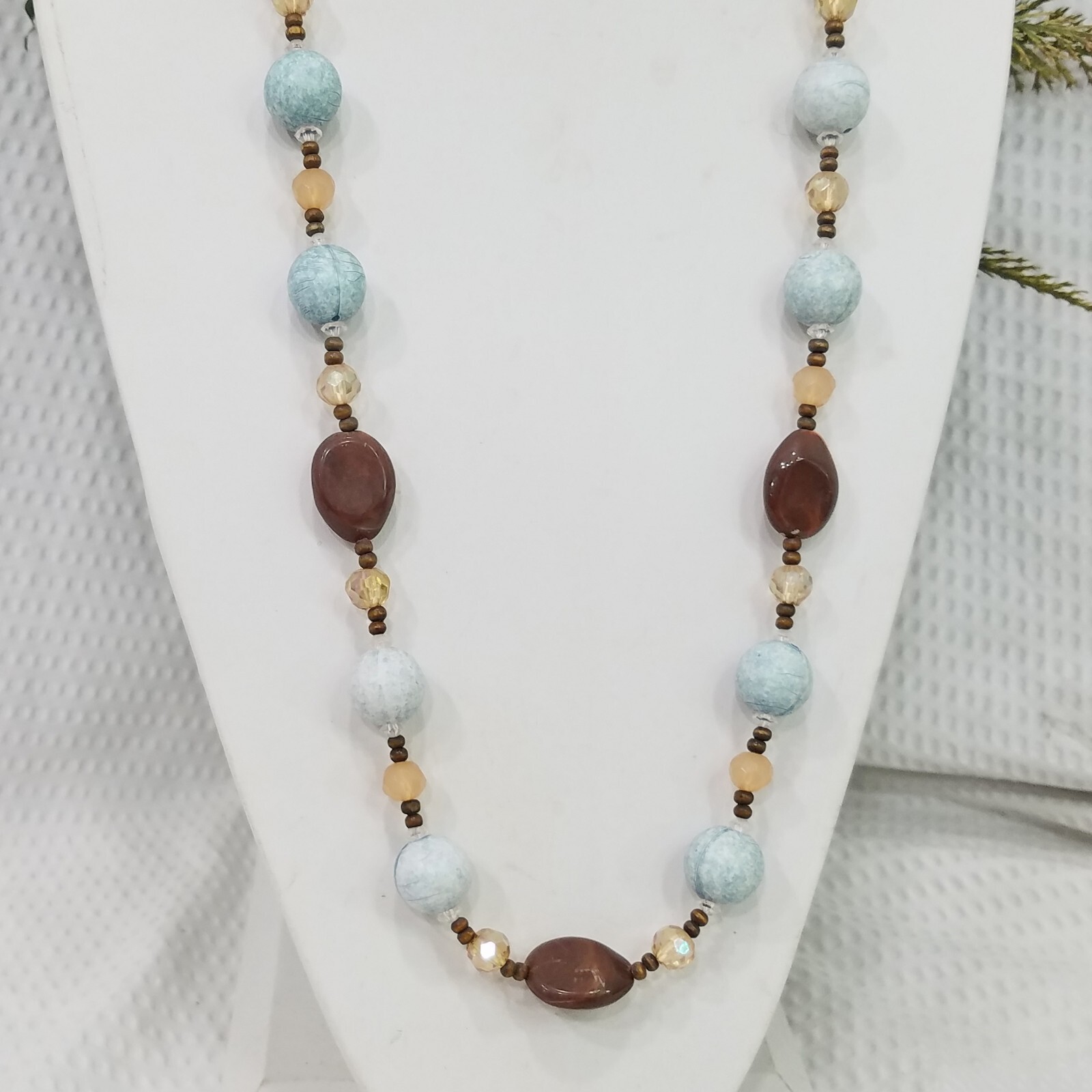 Acrylic Brown Beige Crystal Pale Aqua & Brown Seed Bead 36″ Long Necklace