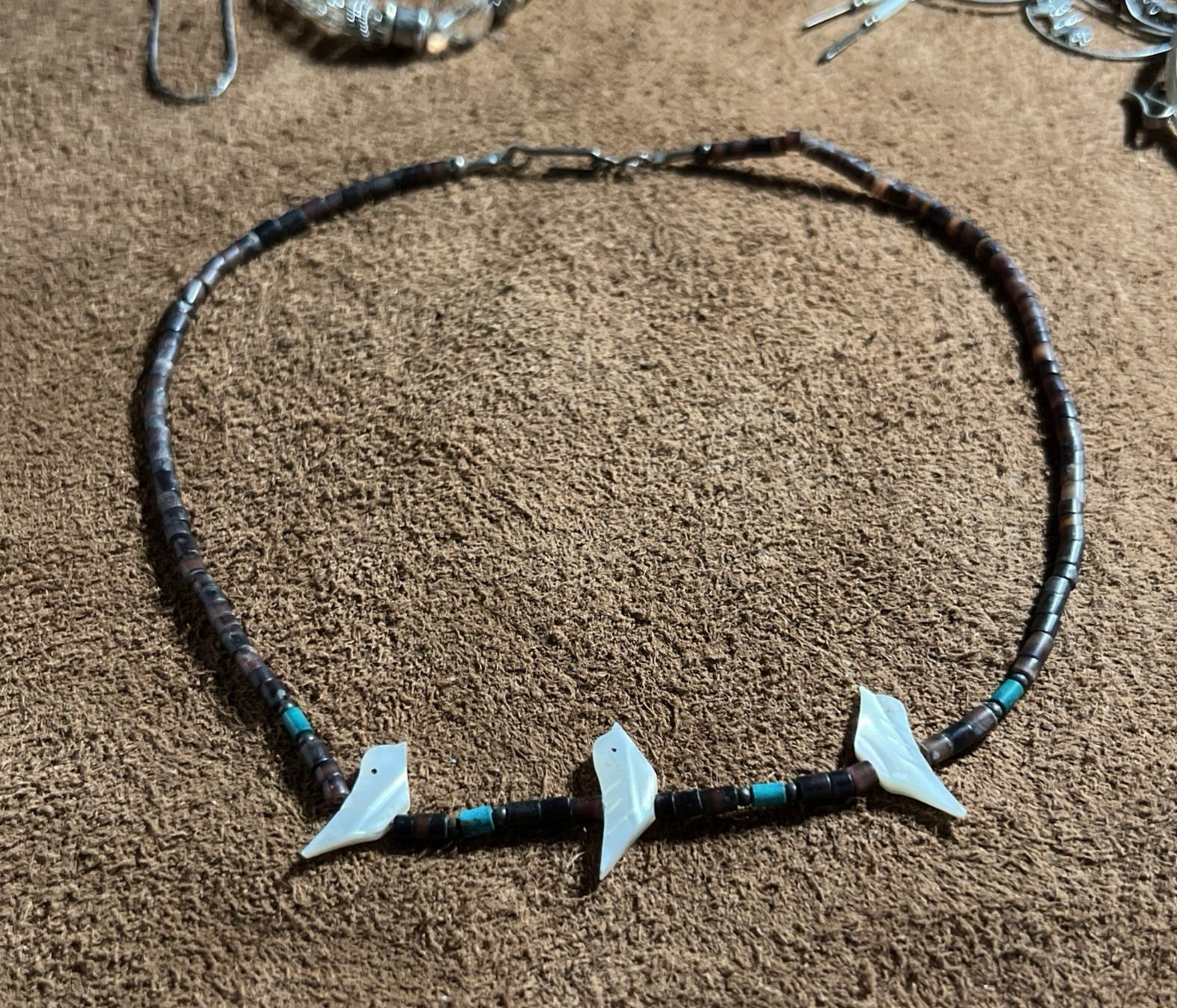 Native American Choker Necklace ~ MOP Bird Fetish Heishi Turquoise ~ 15.5” 7.6g