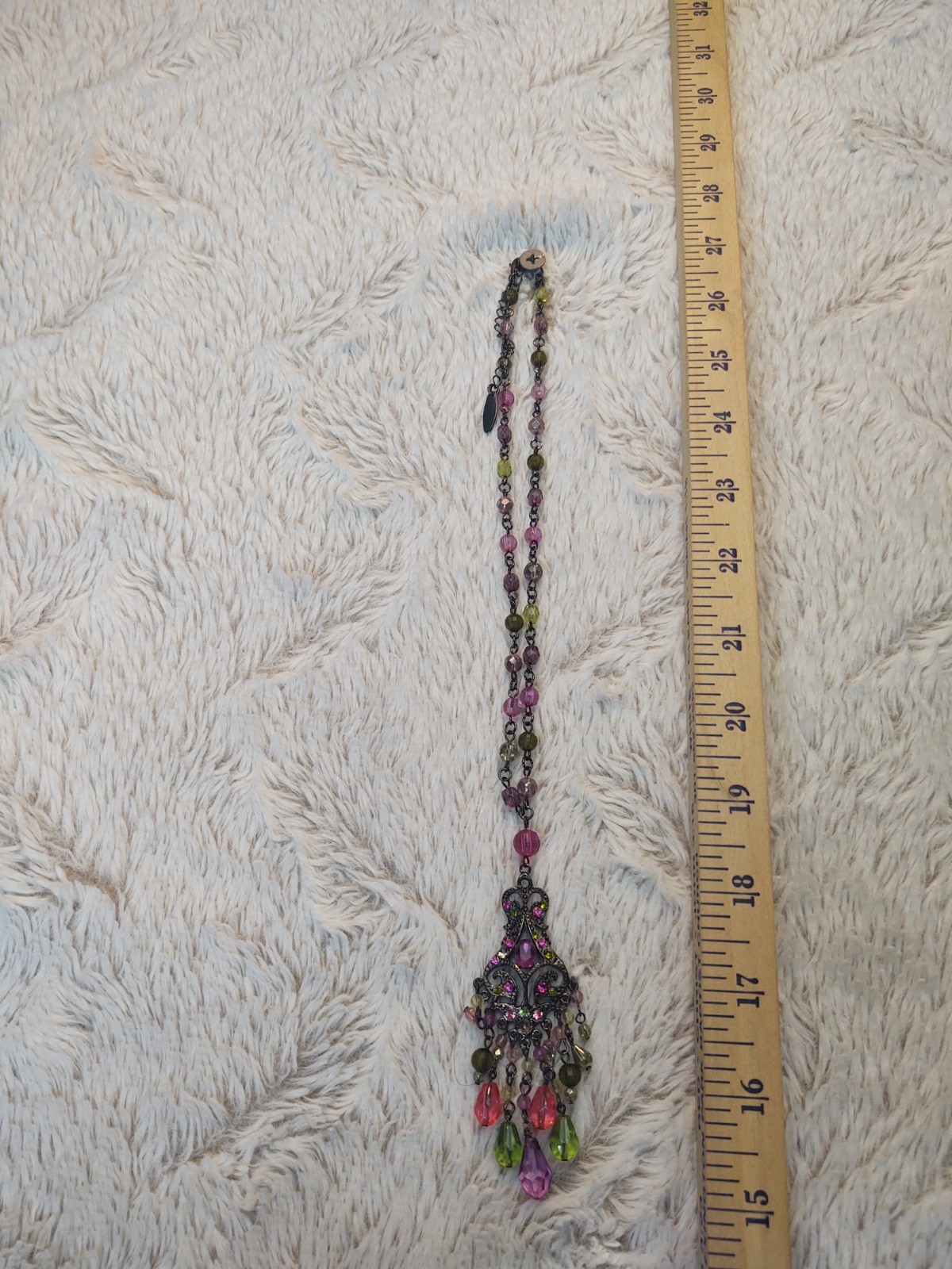 Boho Statement Necklace Pink Green Beaded Chandelier Pendant Vintage Style