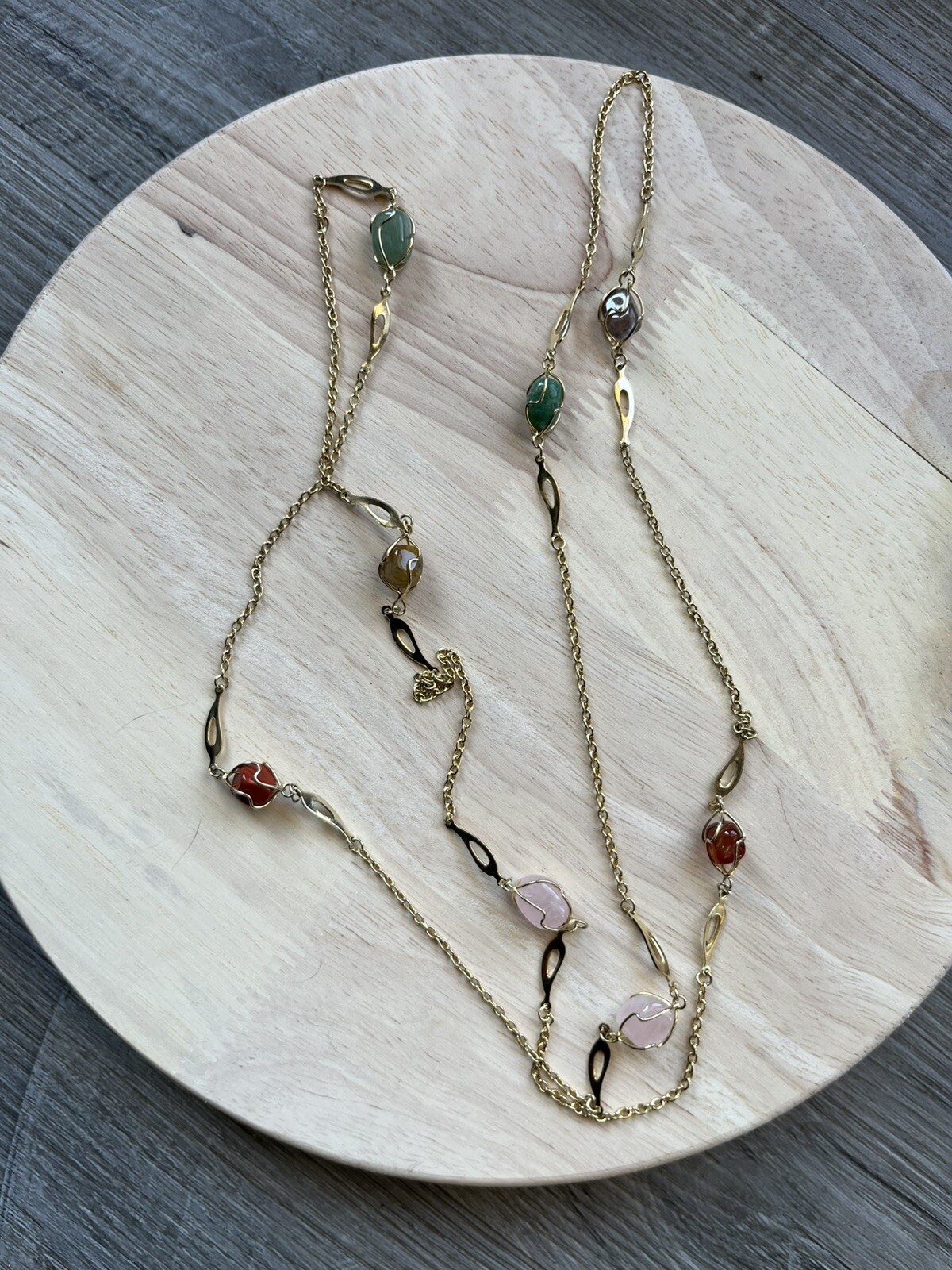 Vintage Gold Tone Wire Wrapped Multicolor Quartz Bead Necklace 22”Long