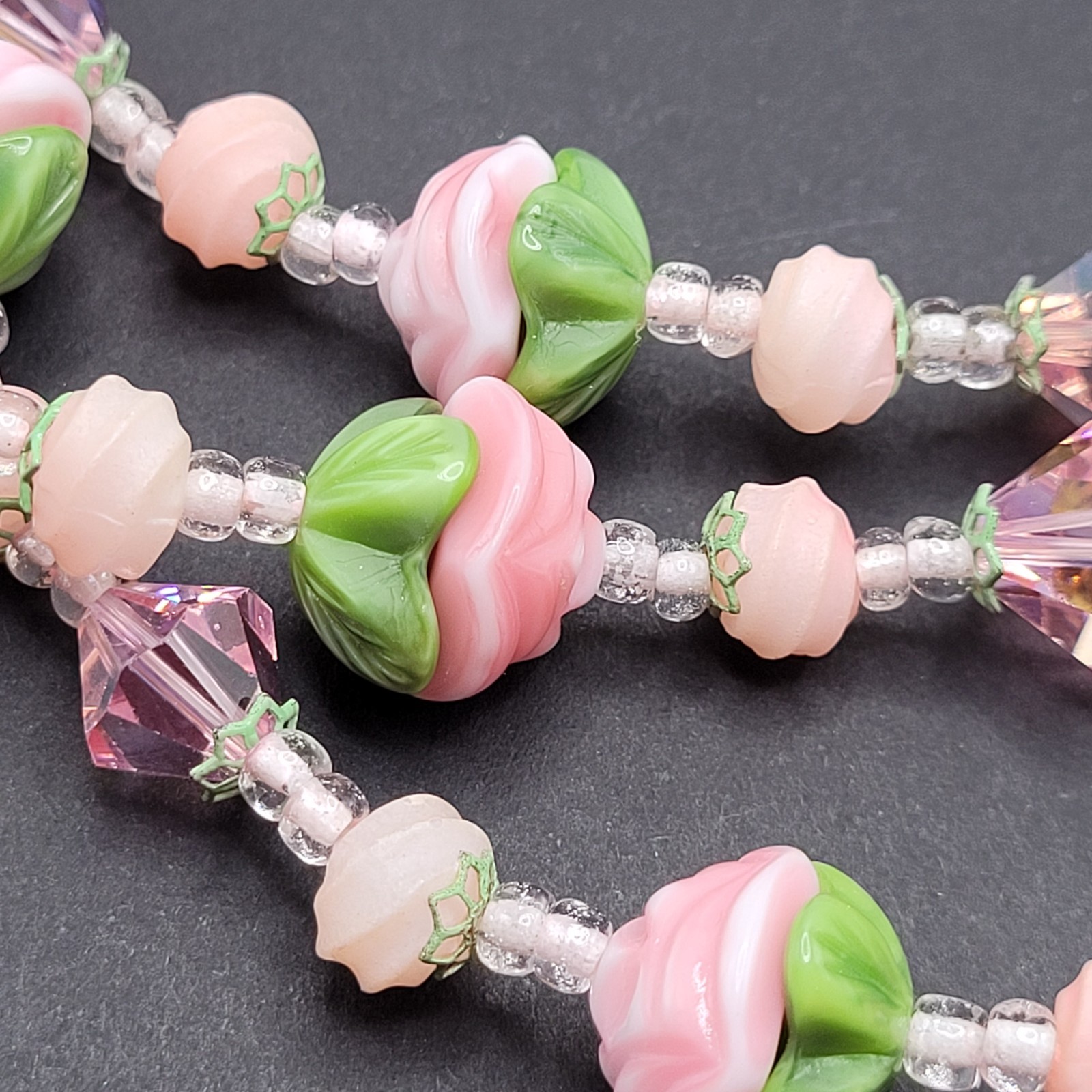 Triple Strand Glass Pink Rosette Green Bottom Rosebuds Bicone Crystal Necklace
