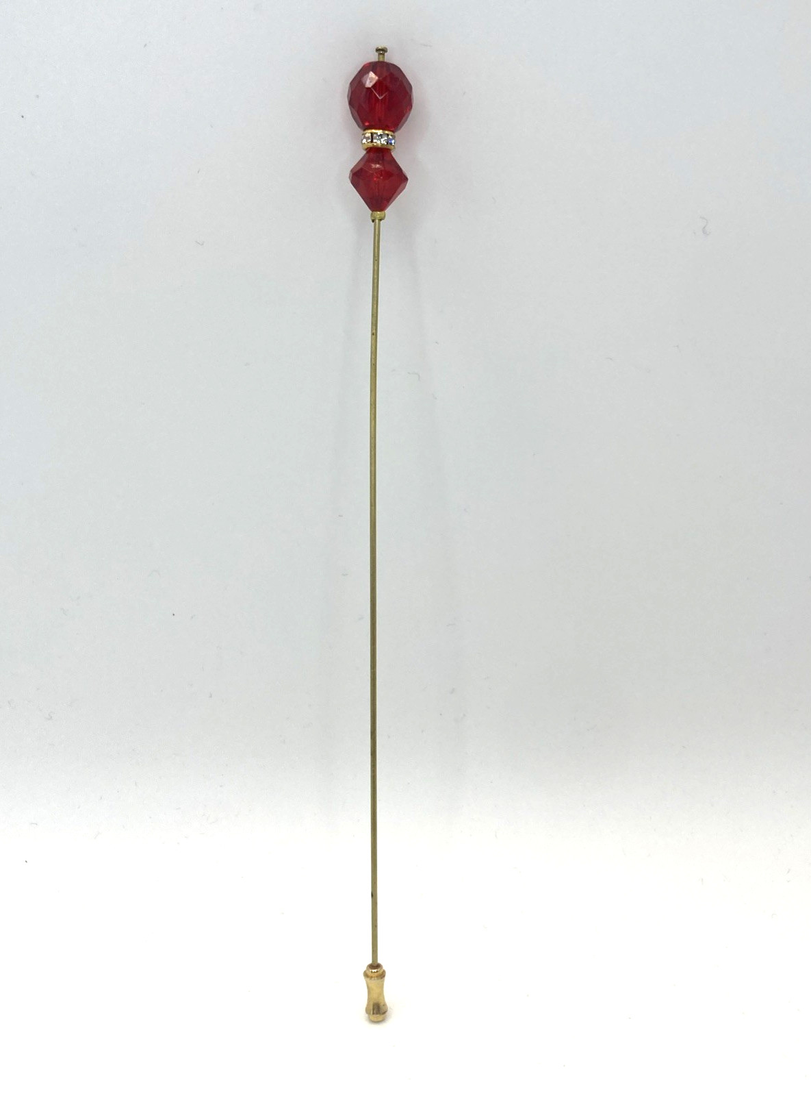 7.25″ Red crystal Faceted Glass Round & Diamond Shape Hat Stick Pin Gold Tone