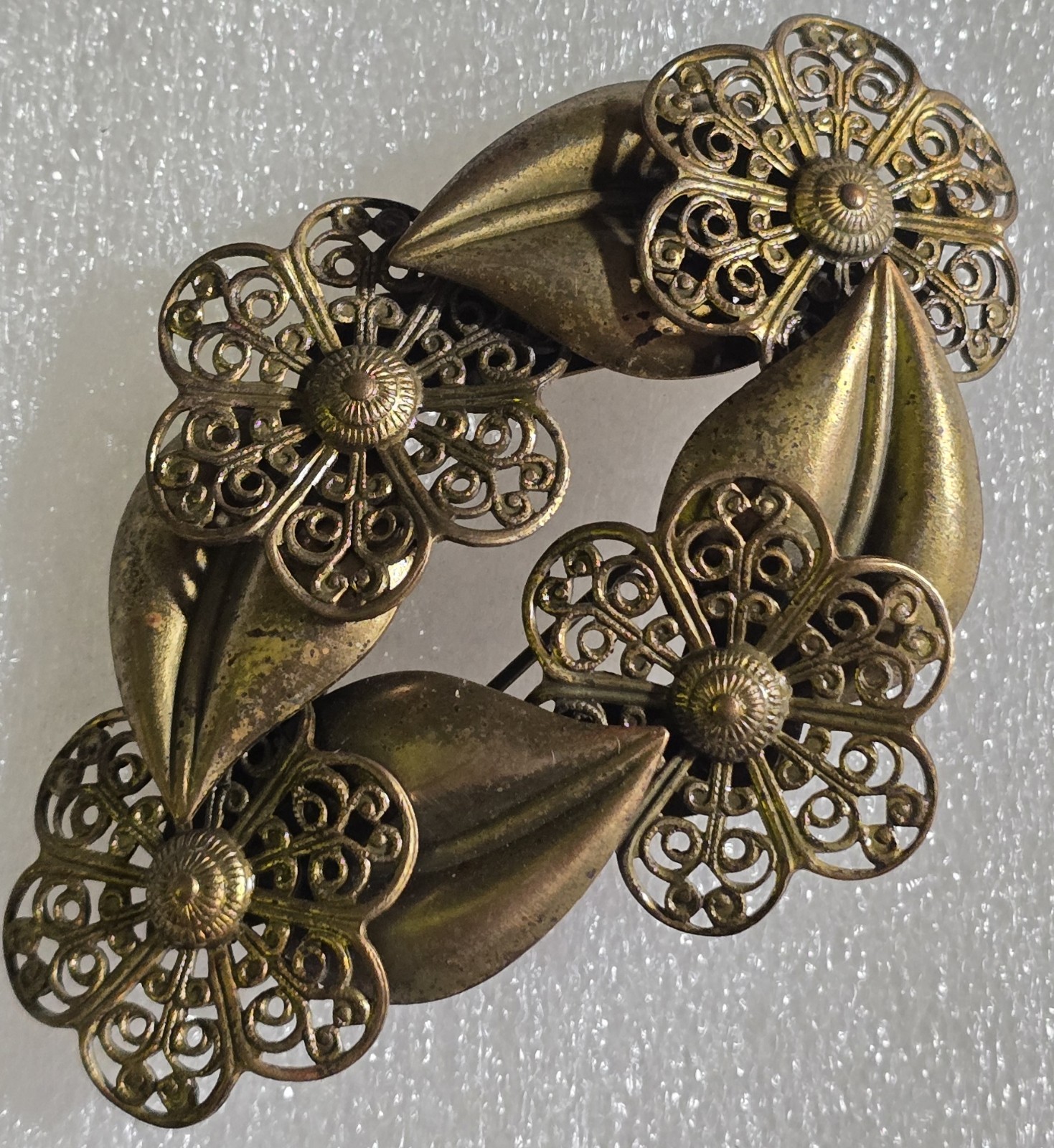 Antique Vintage Floral Filigree Brass Riveted Circle style Brooch