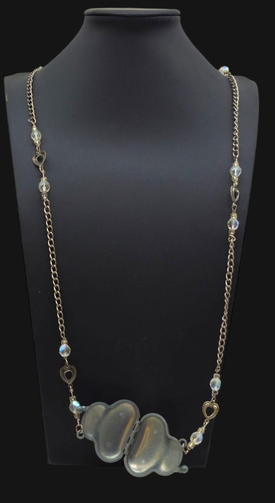 Vintage Silver Purse Pendant Necklace Crystal Colored Beads Heart Links 20″
