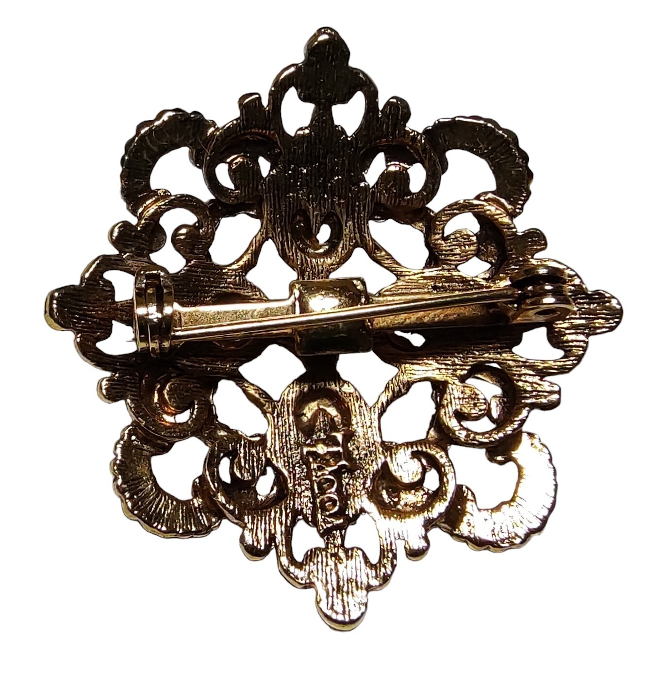 Tacoa Raised Relief Brooch Pin Faux Pearl Floral Filigree Gold Tone Vintage