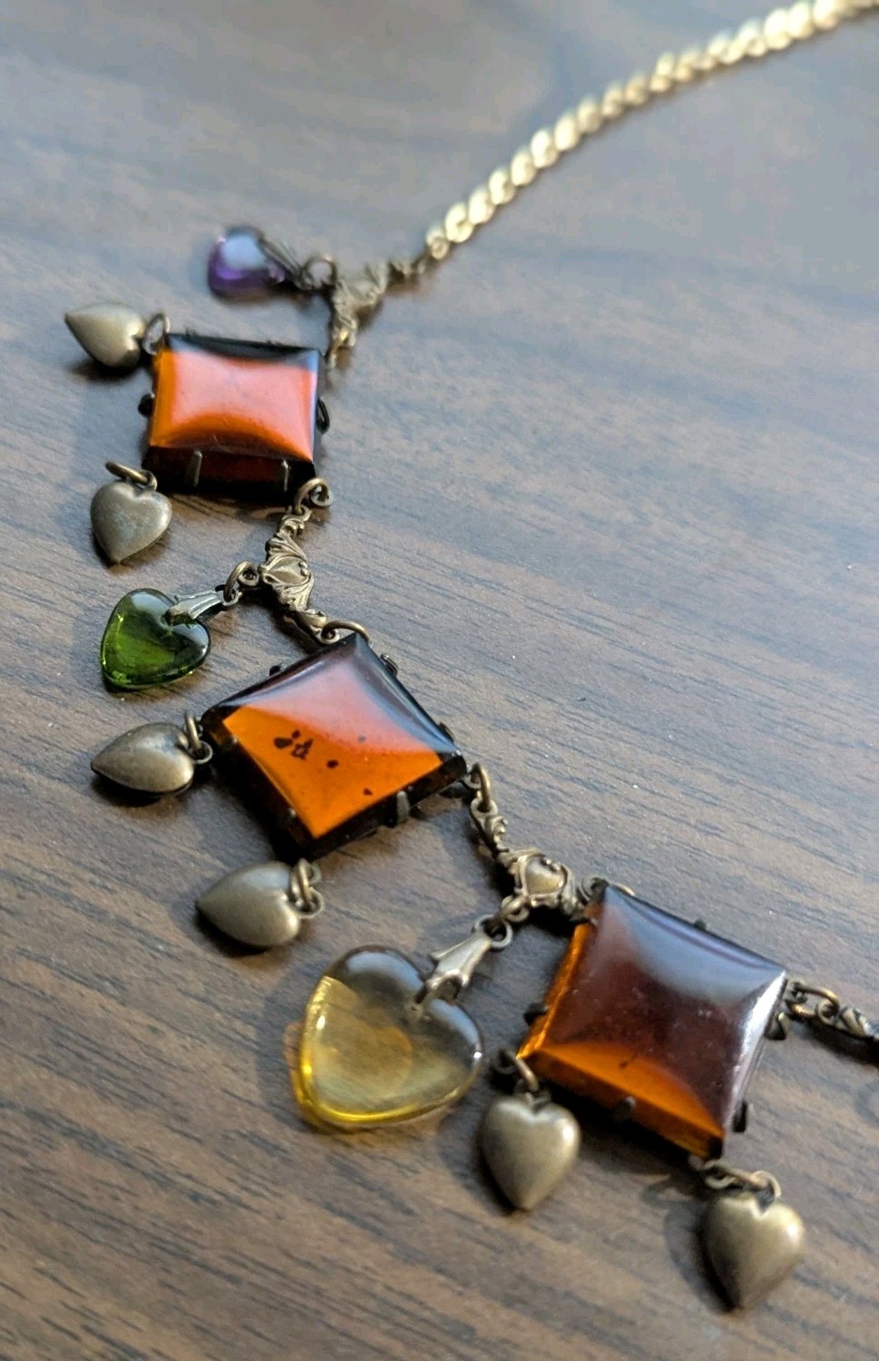 Vtg Art Glass Works Studio Brass Heart Charm Statement Necklace Amber Multi