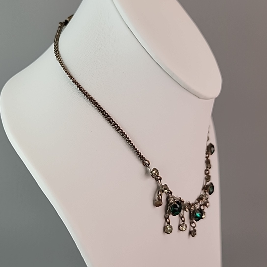 Vintage Rhinestone Necklace Festoon Green Glass Drops Multi-tone 16″ 1940s