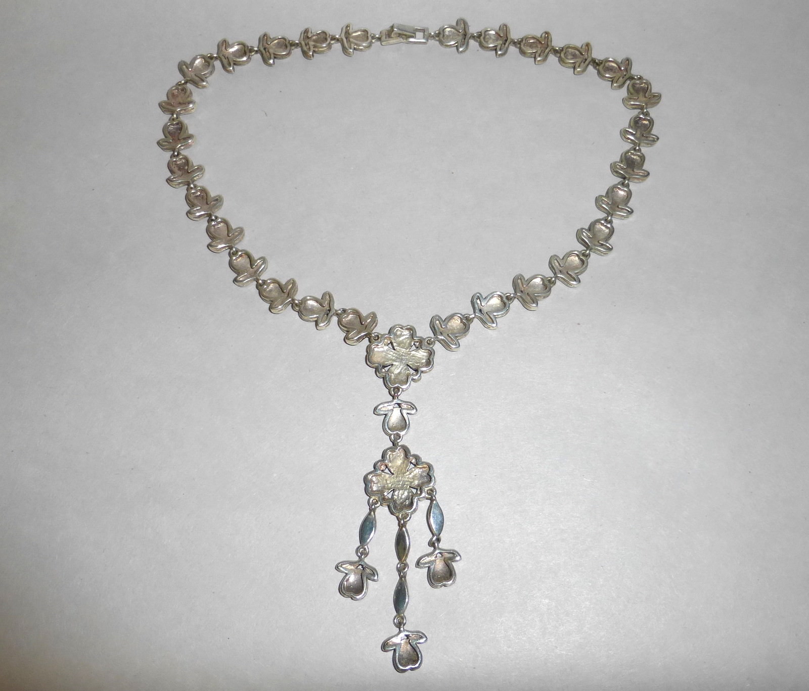 52gms Vintage 925 Silver Hearts Flowers Marcasite Victorian Drop Style Necklace