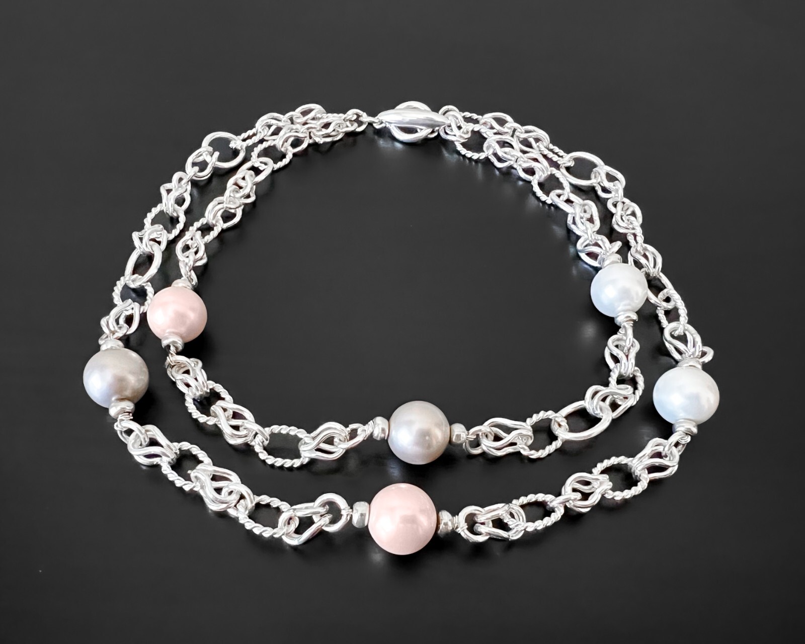 109g Heavy Double Link Twisted Cable Design Sterling Vtg Faux Pearl Necklace