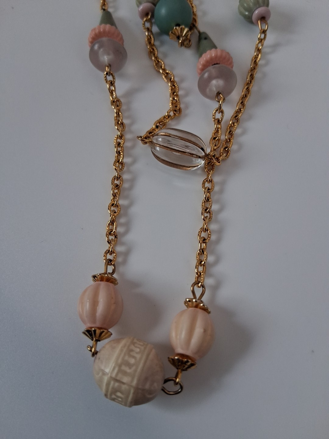 VTG Goldtone 3 Strand Multi color Beads Muted Pink Green Blue Clear Necklace 32″