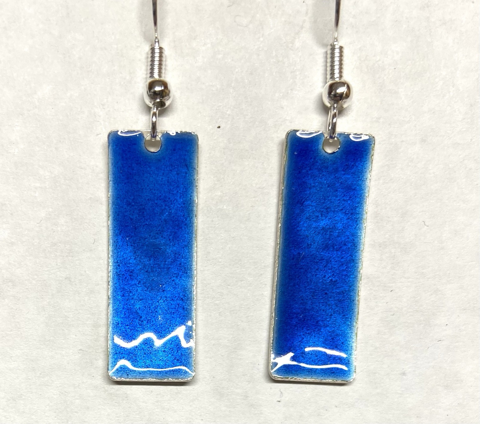 Vintage Blue enamel on Silver Rectangle Dangle Pierced Earrings- 1″ long