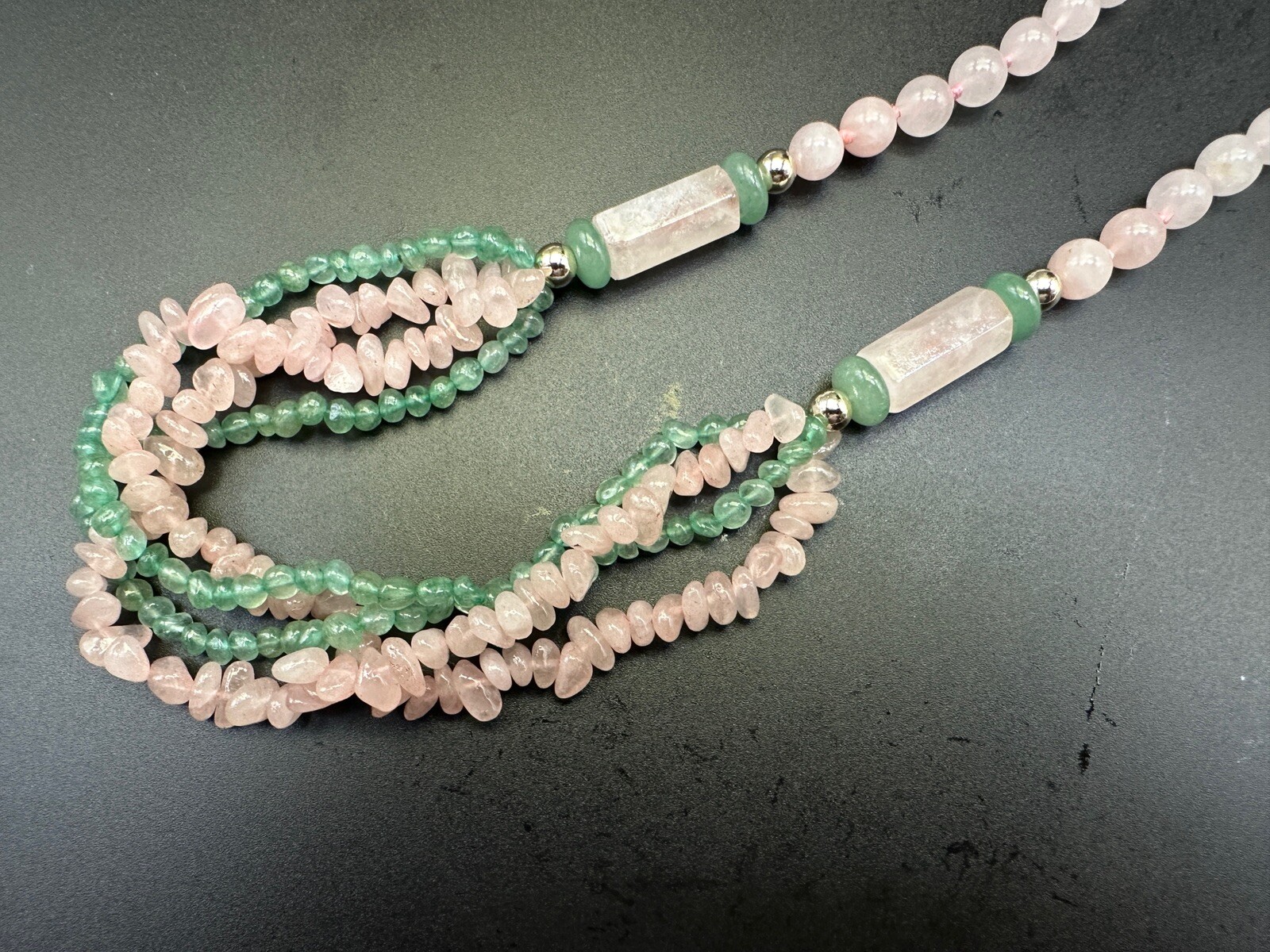 Vintage Chinese Export Multistrand Pink Rose Quartz Green Jade Necklace Stunning