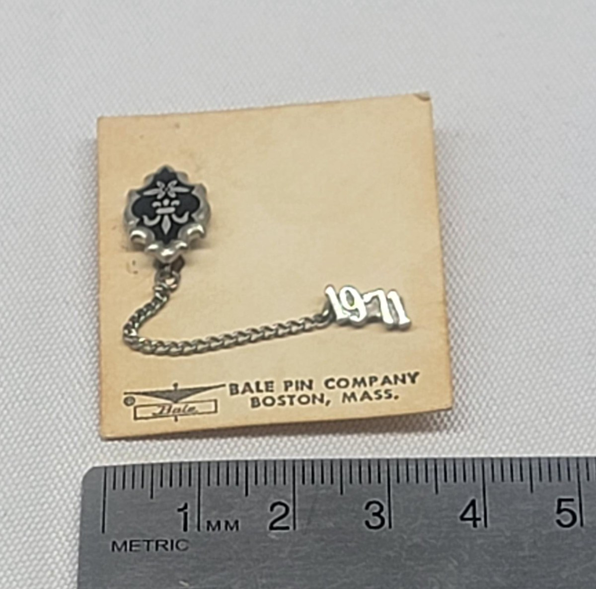 Vintage 1971 Bale Pin Co Sterling Silver Guard Pin Fleur-de-lis Black Enamel