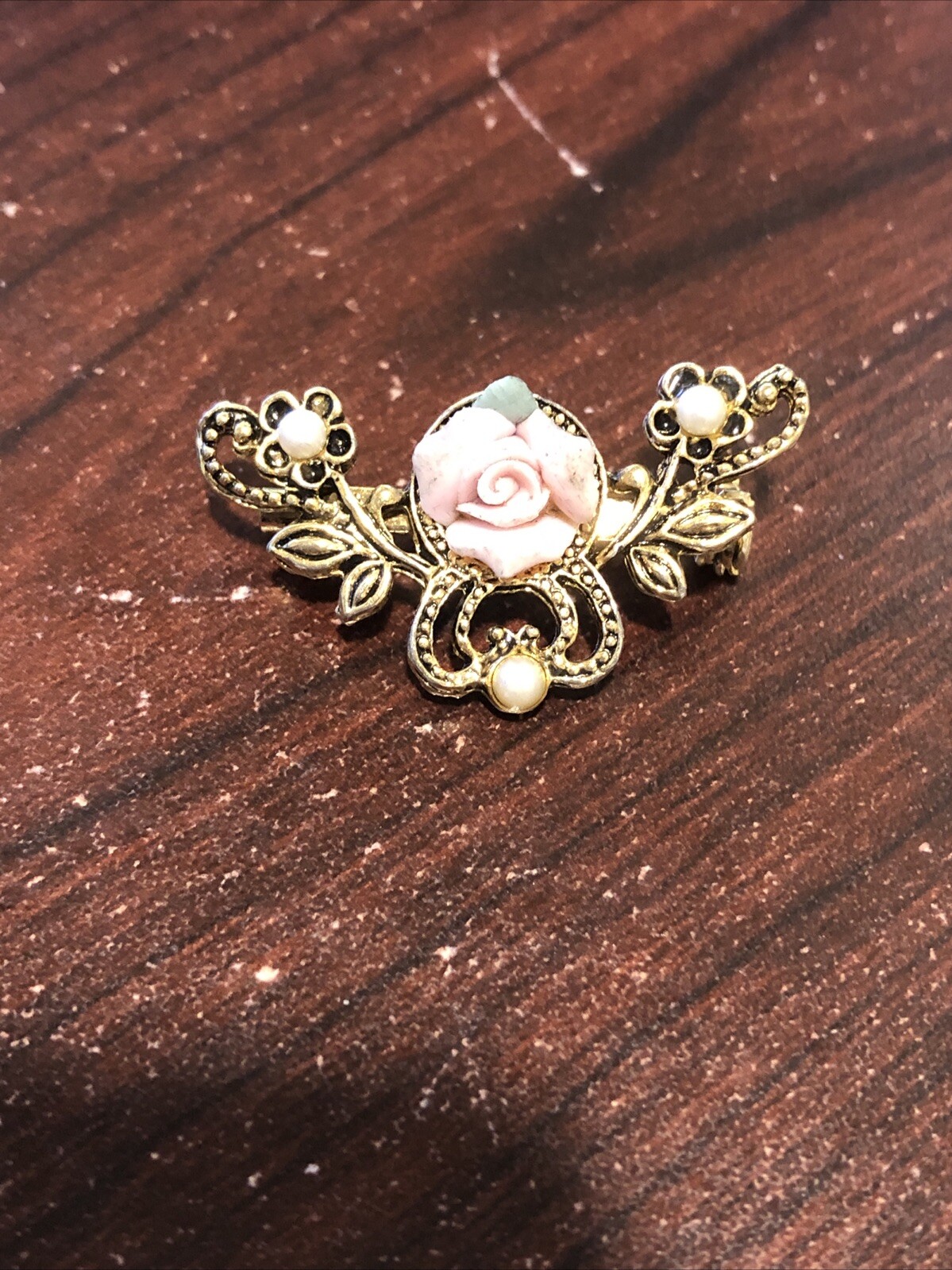 1928 Style Gold Tone Pierced Earrings Faux Pink Pearl and Gray Teardrop w/Brooch