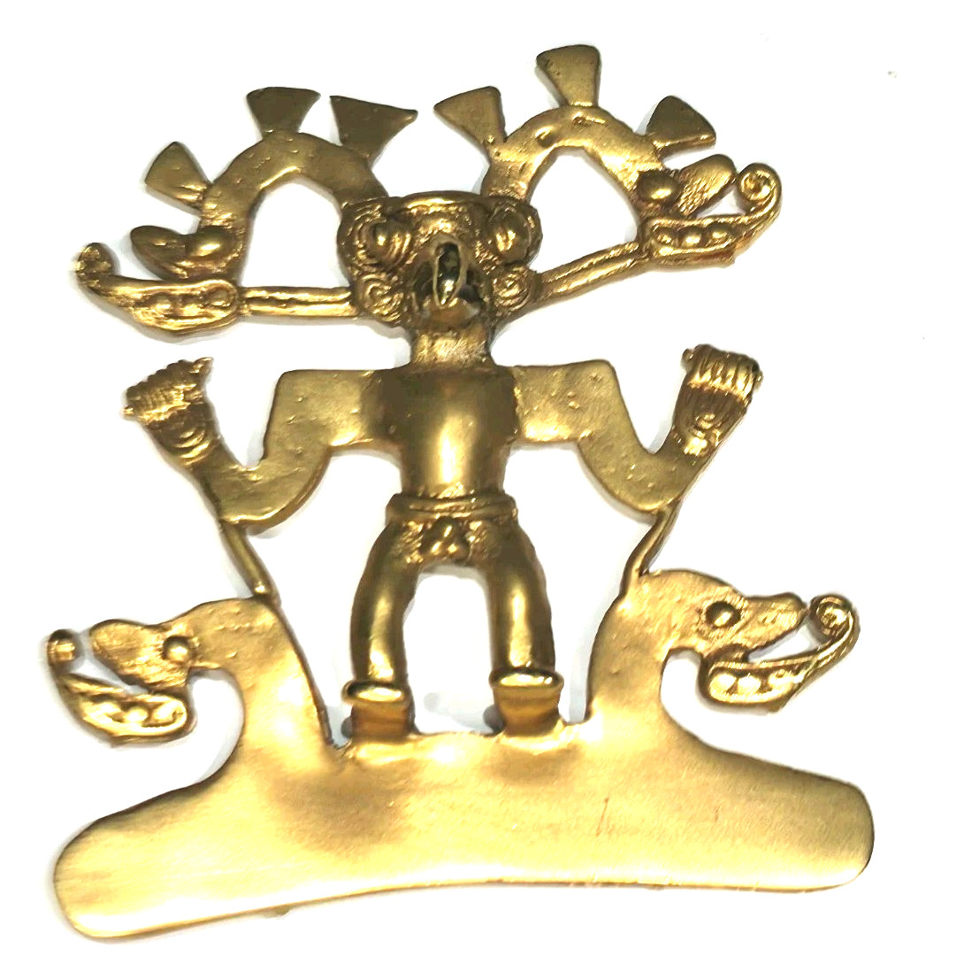 Vintage Alva Studios Reproduction Pre Columbian Figural Pendant Brooch Gold Tone