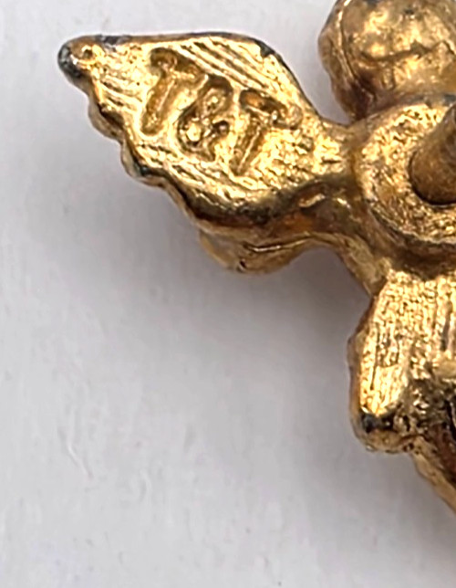 Guardian Cherub Angel Lapel Pin Faux Gold Tone Rhinestone Green Crystal T&T Vtg