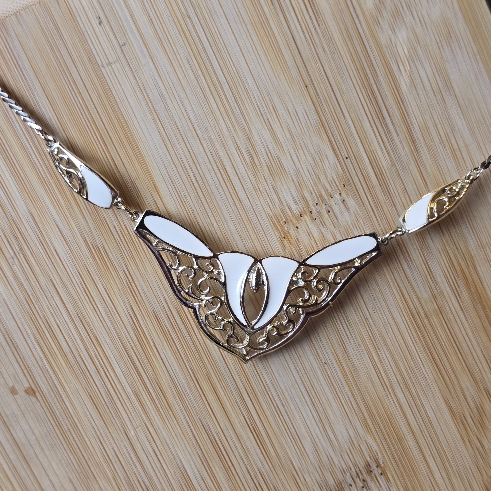 Vintage DeMilo Ivory Enamel Filigree Bib Necklace Statement Collar Art Nouveau