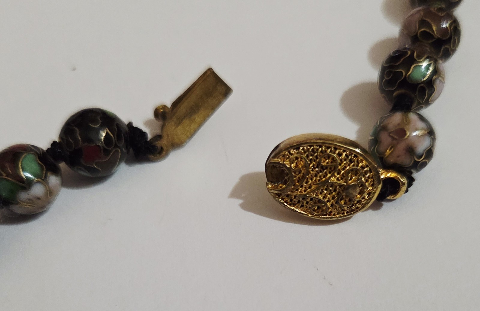 Vintage Chinese Cloisonne Floral Bead Hand Knotted Fish Hook Clasp Necklace
