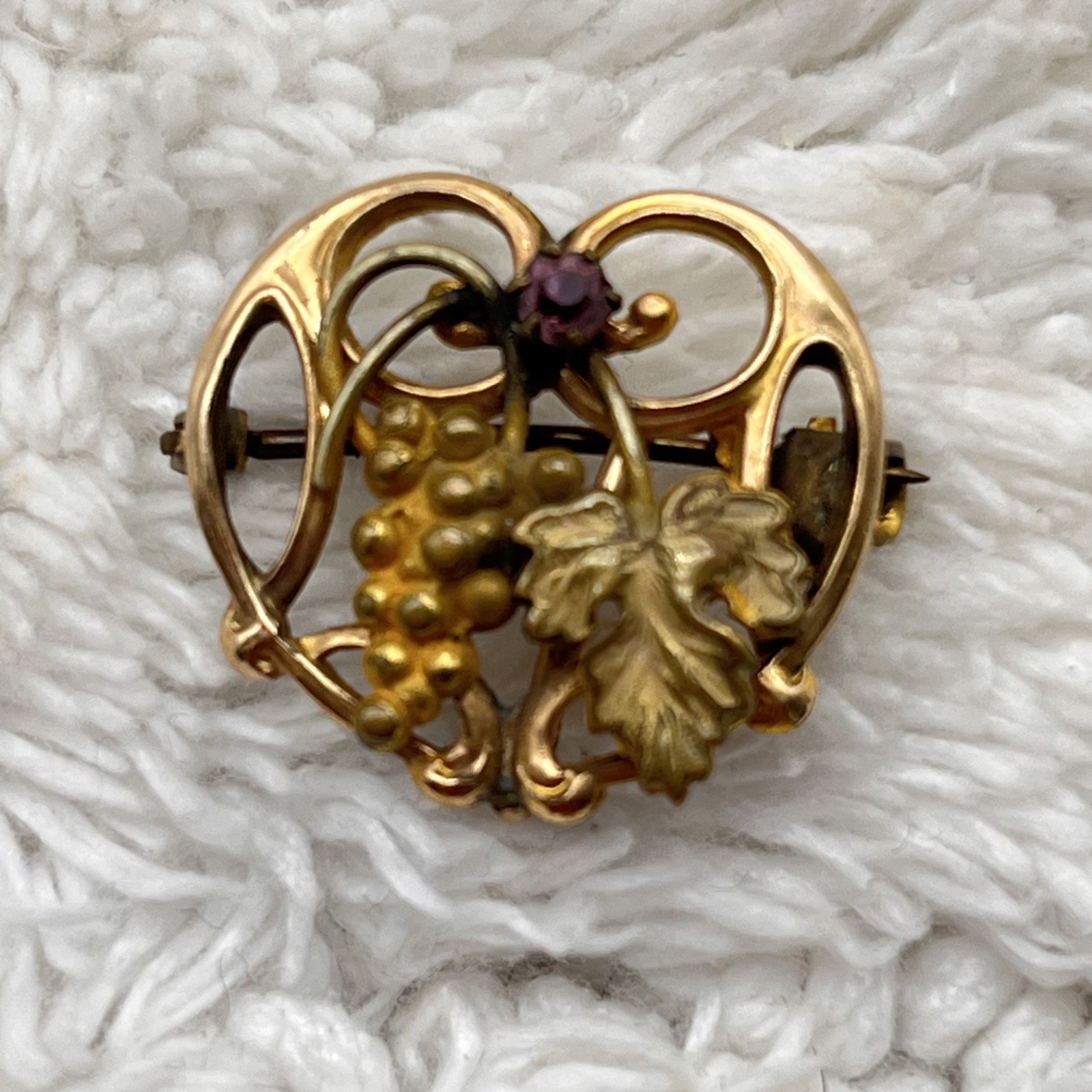 Vintage Art Nouveau Grape Cluster Brooch Purple Stone Early Safety Clasp 1″