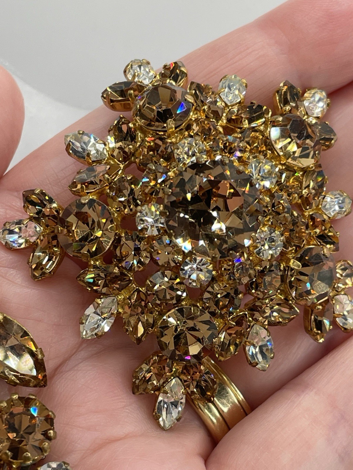Vintage Austrian Signed Brooch And Earrings Featuring Topaz & Clear Rhinestones