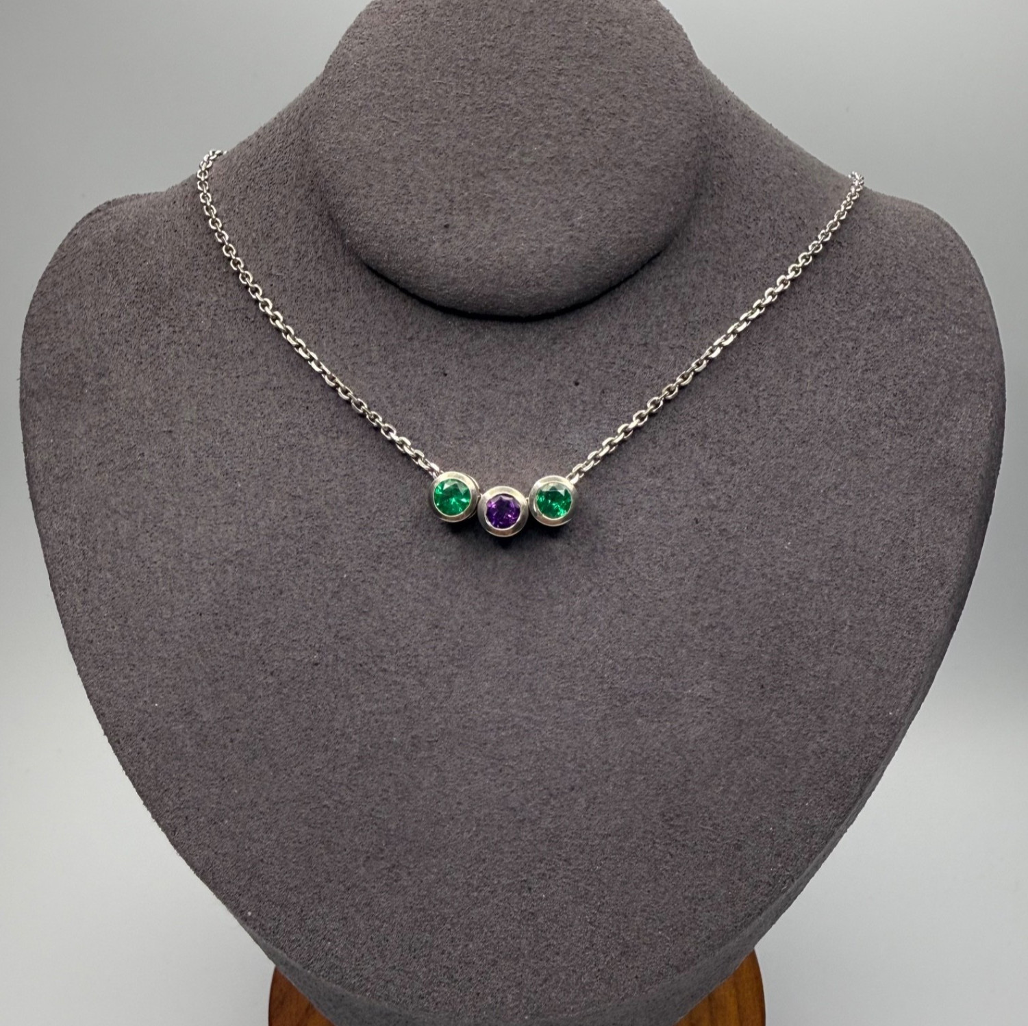 Vintage Sterling Silver 3 Stone Sliding Bezel Station Necklace Green & Purple CZ