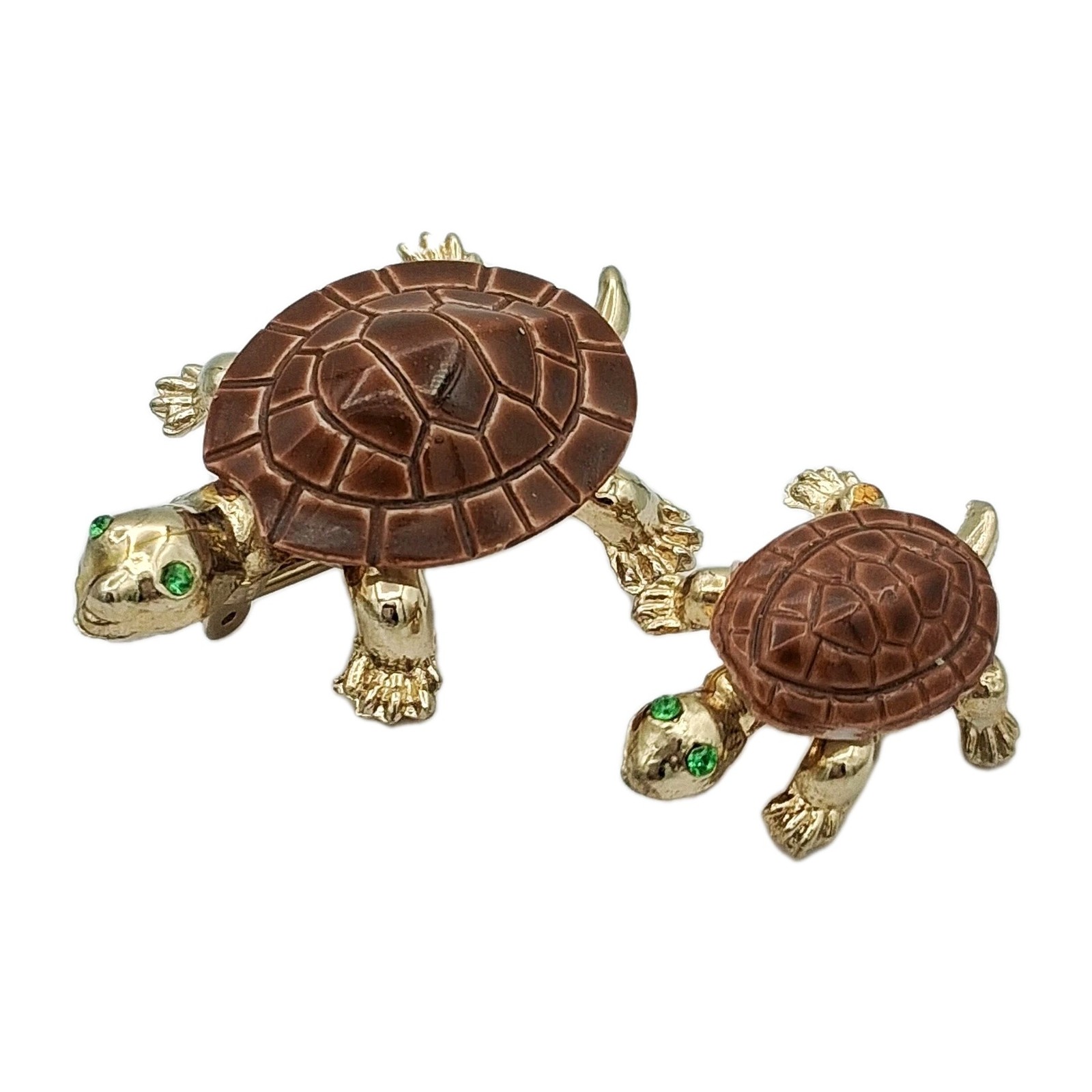 Vtg Gold Tone Turtle Brooch Set Ceramic Porcelain Shell Figural Pins Pair