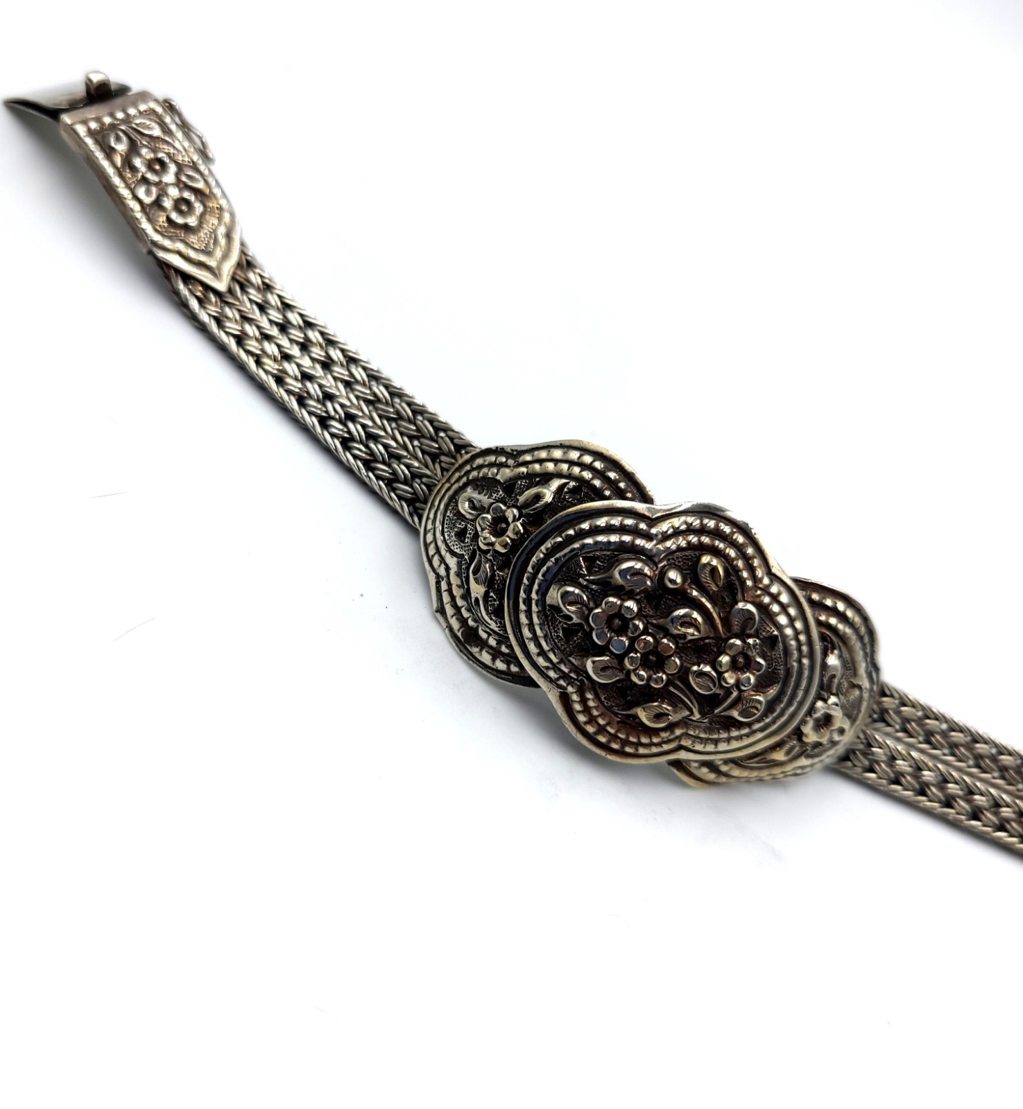 Vintage BALI 925 Sterling Silver Woven Floral Repousse Wheat Chain Bracelet