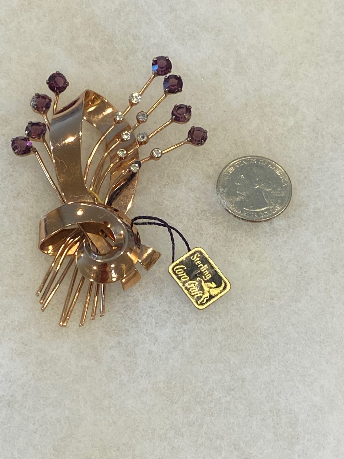 Vintage Sterling Coro Craft Pegasus Purple & White Spray Pin with Tag 4 In. Long