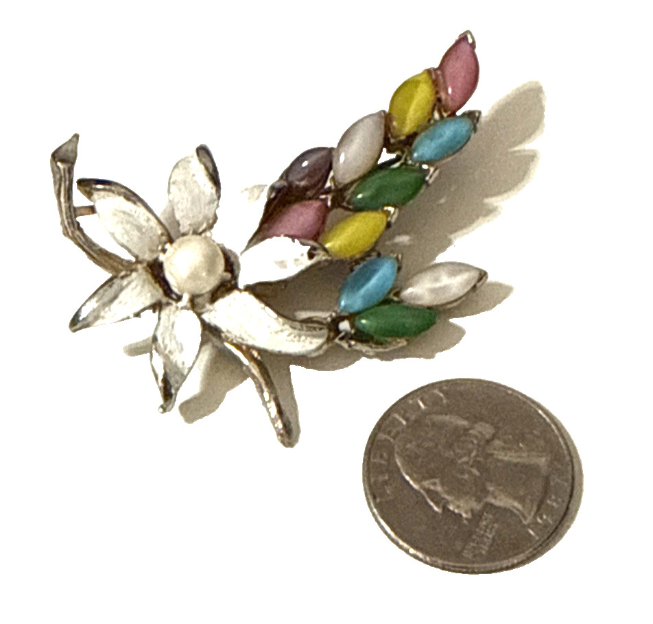 Vintage Floral Brooch Purple Pink Blue Yellow Cabochon White Enamel Pin 2.5″
